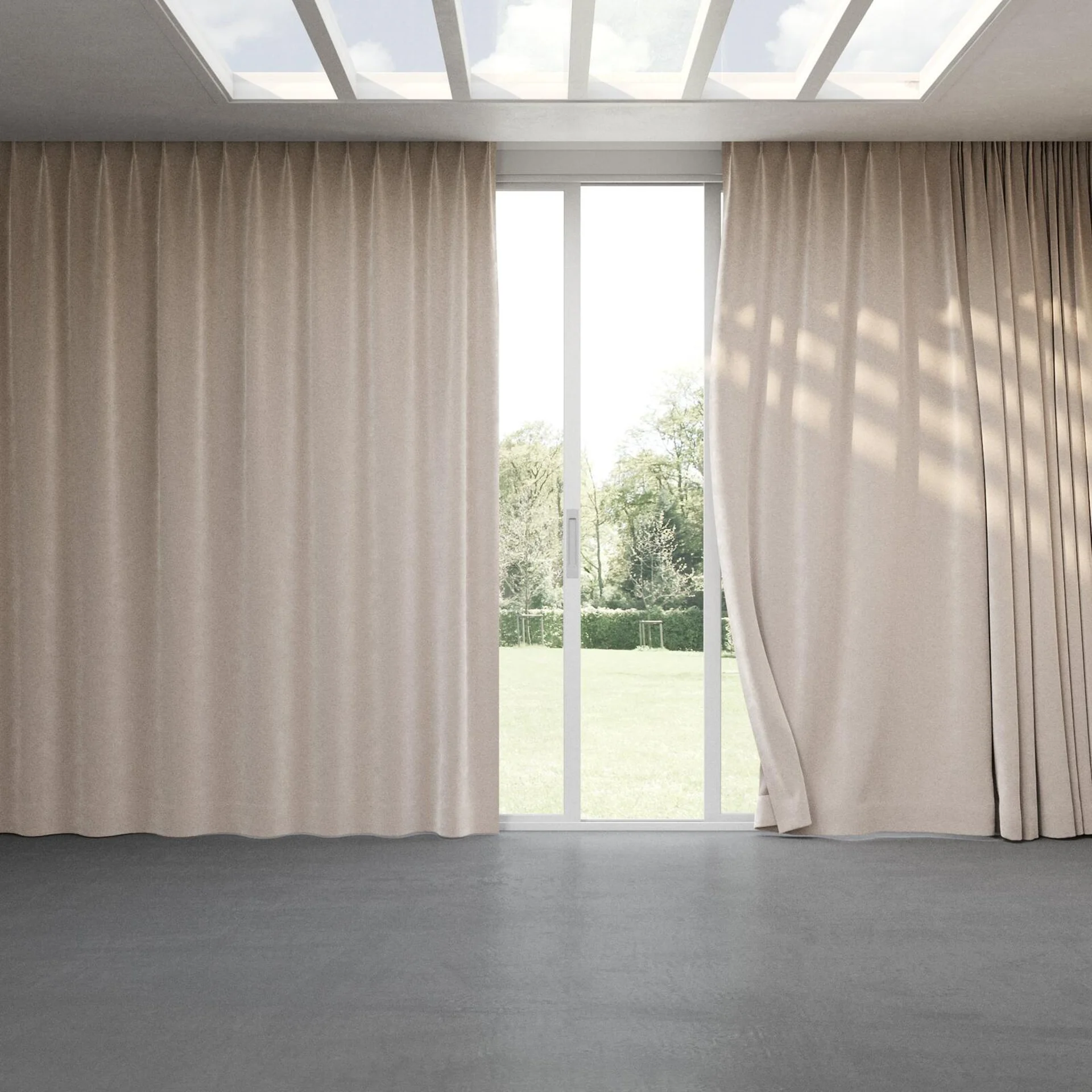 Full view of Geneva Taupe, pinch pleat