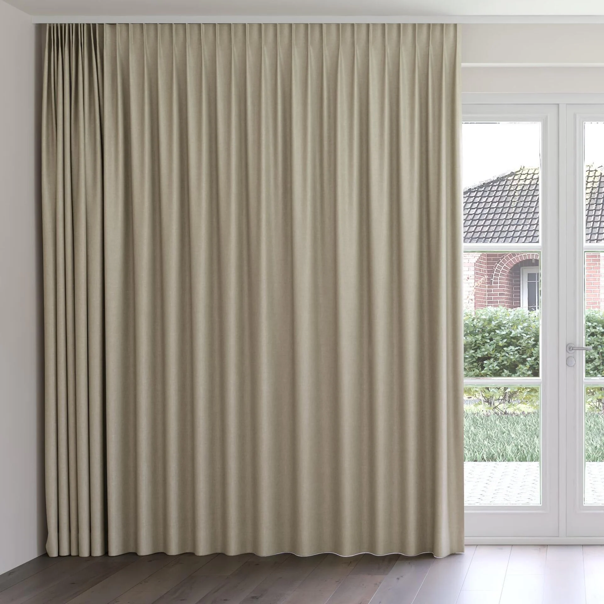 Front view of Perfecto Sand, on curtain rail