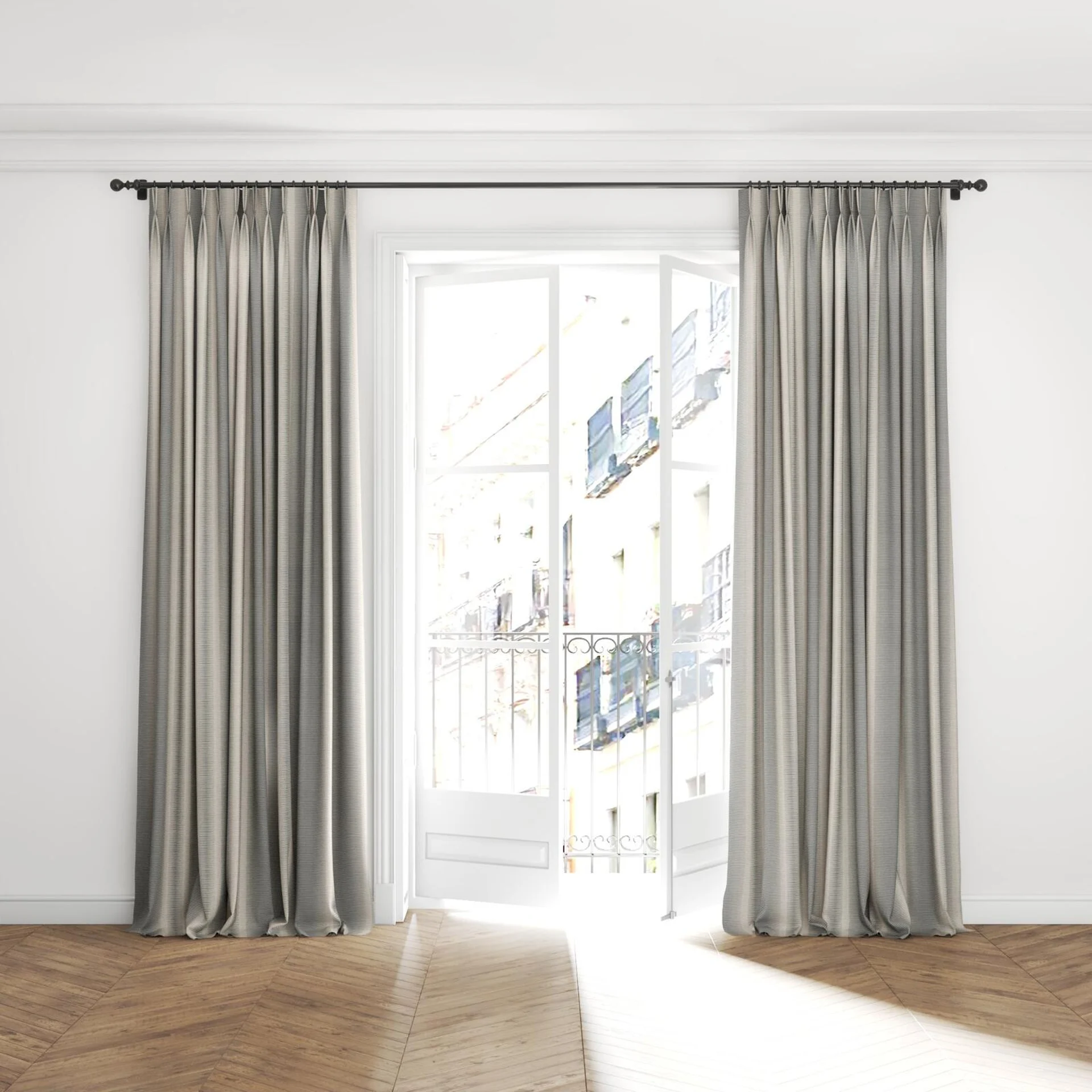 Full view of Jacopo Stripe Metal, puddled with pinch pleat, on curtain rod