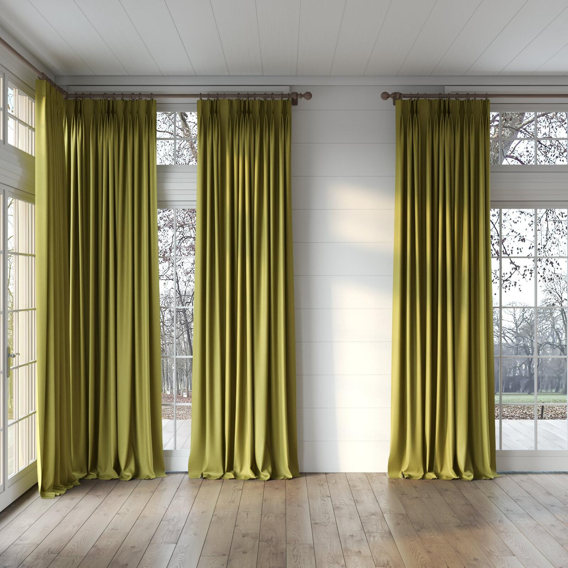 Full view of Woolly/Woolen Khaki, puddled, on curtain rod
