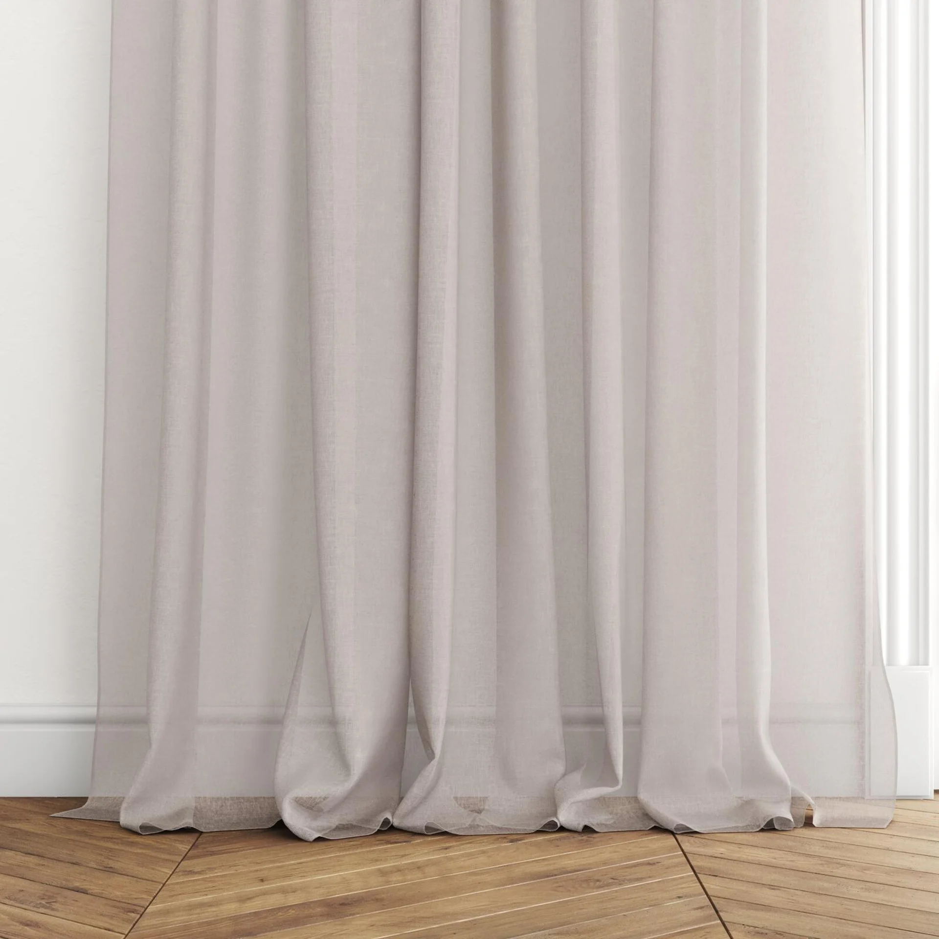 Bottom view of Elevate Flax, puddled with pinch pleat, on curtain rod