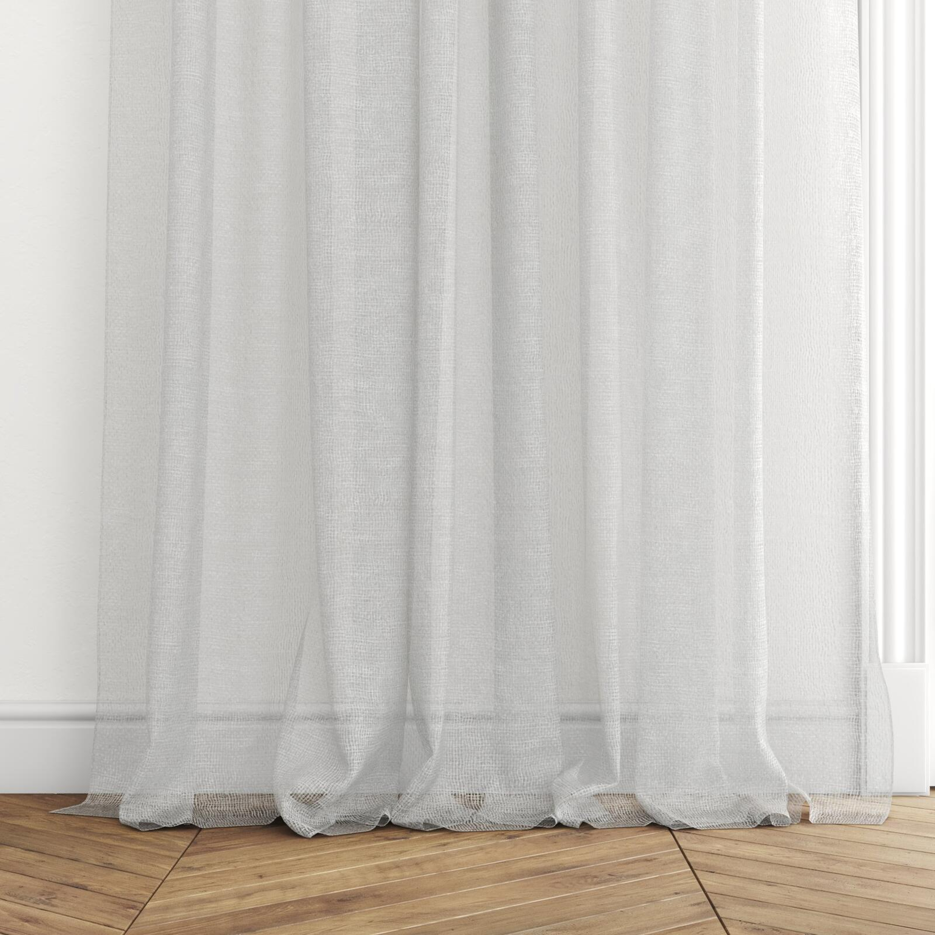 Bottom view of Kensho Silver, puddled with pinch pleat, on curtain rod