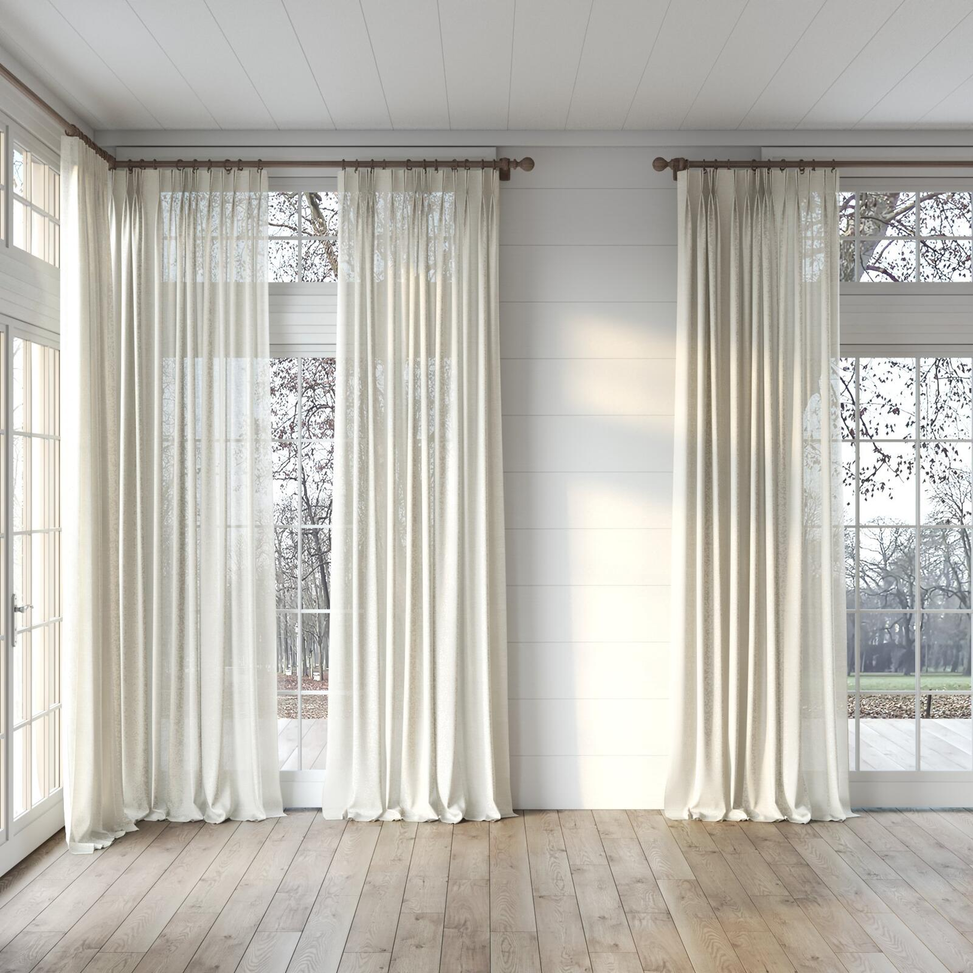 Full view of Revel Linen, puddled, on curtain rod