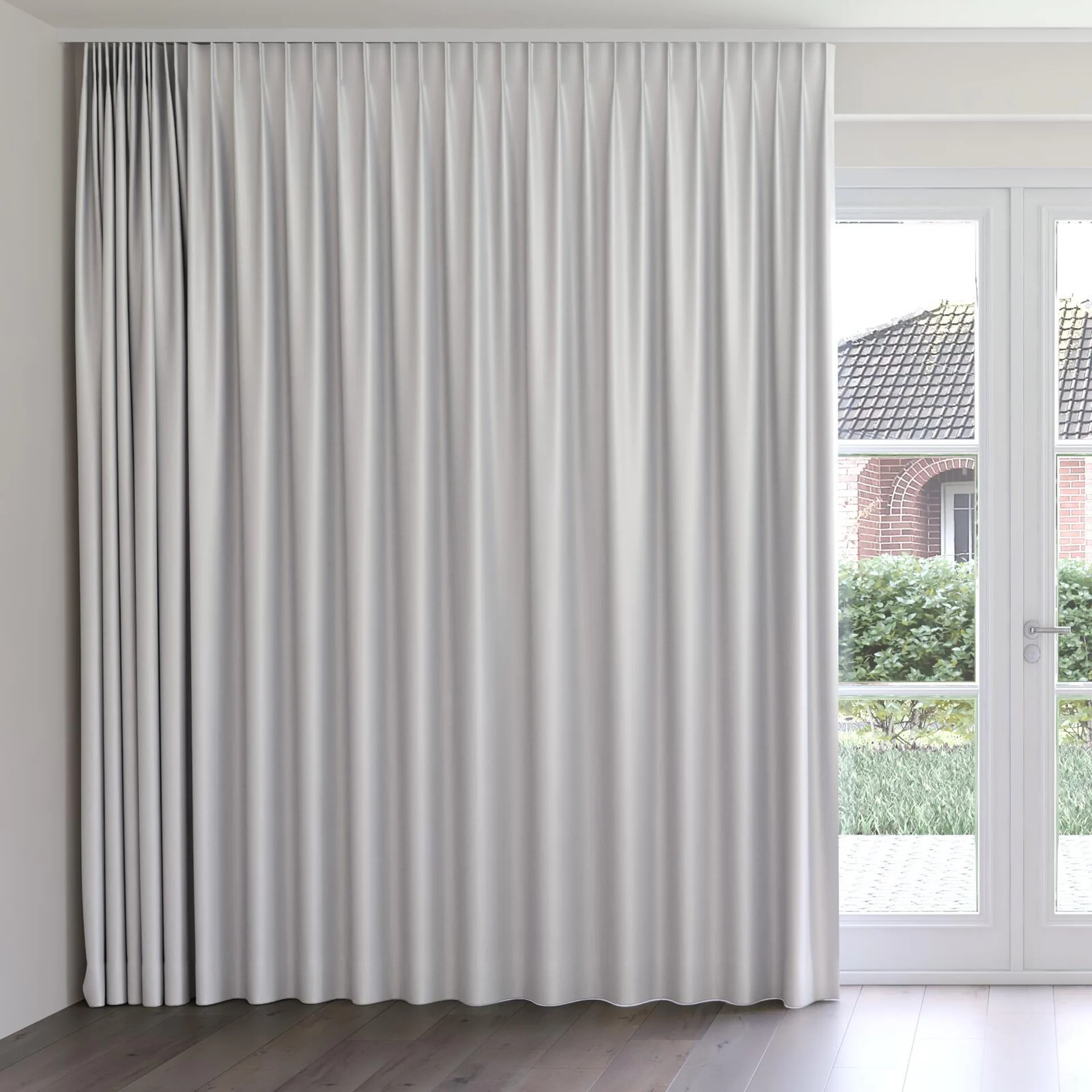 Front view of Preston FR Blackout Sand, on curtain rail