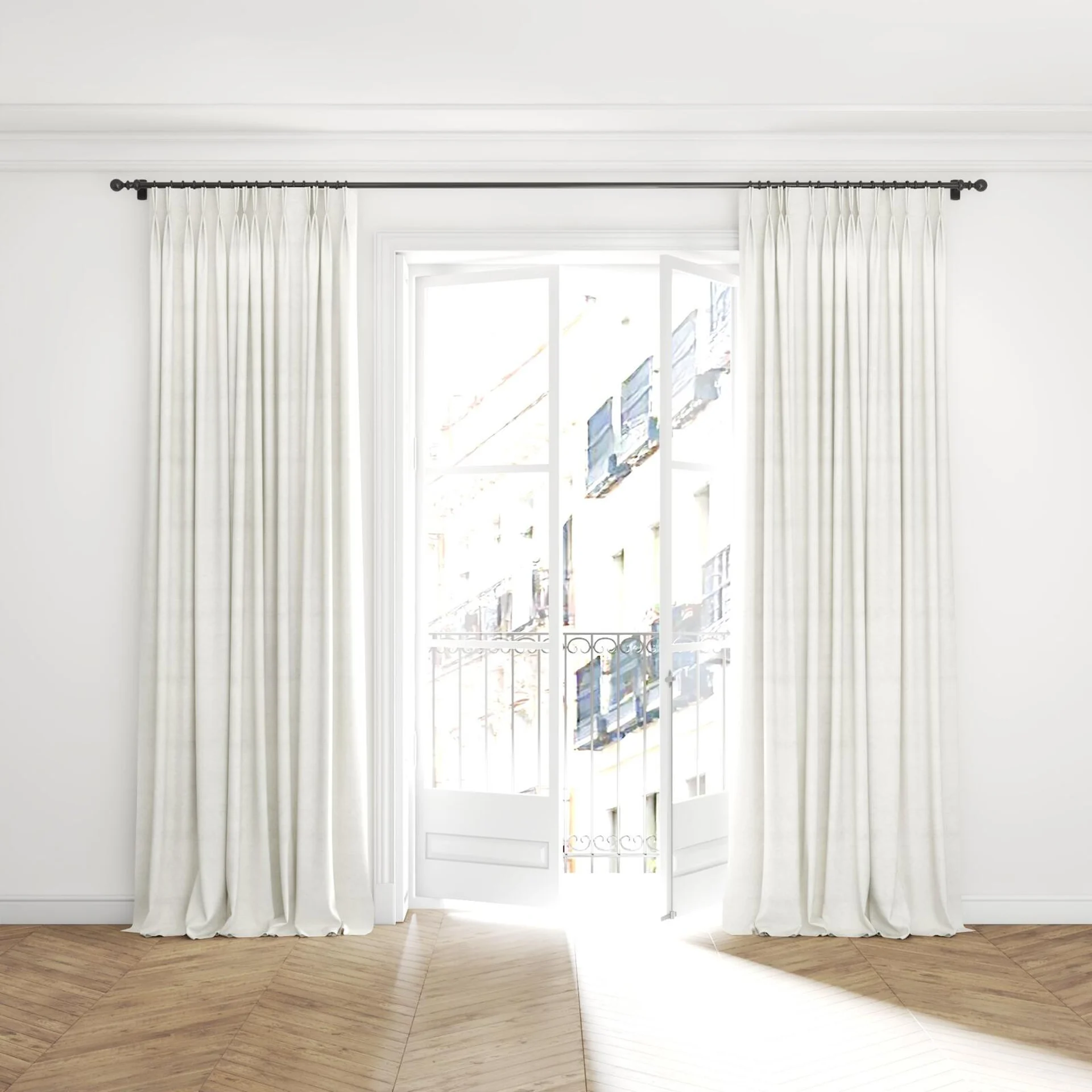 Full view of Baron Swan, puddled with pinch pleat, on curtain rod