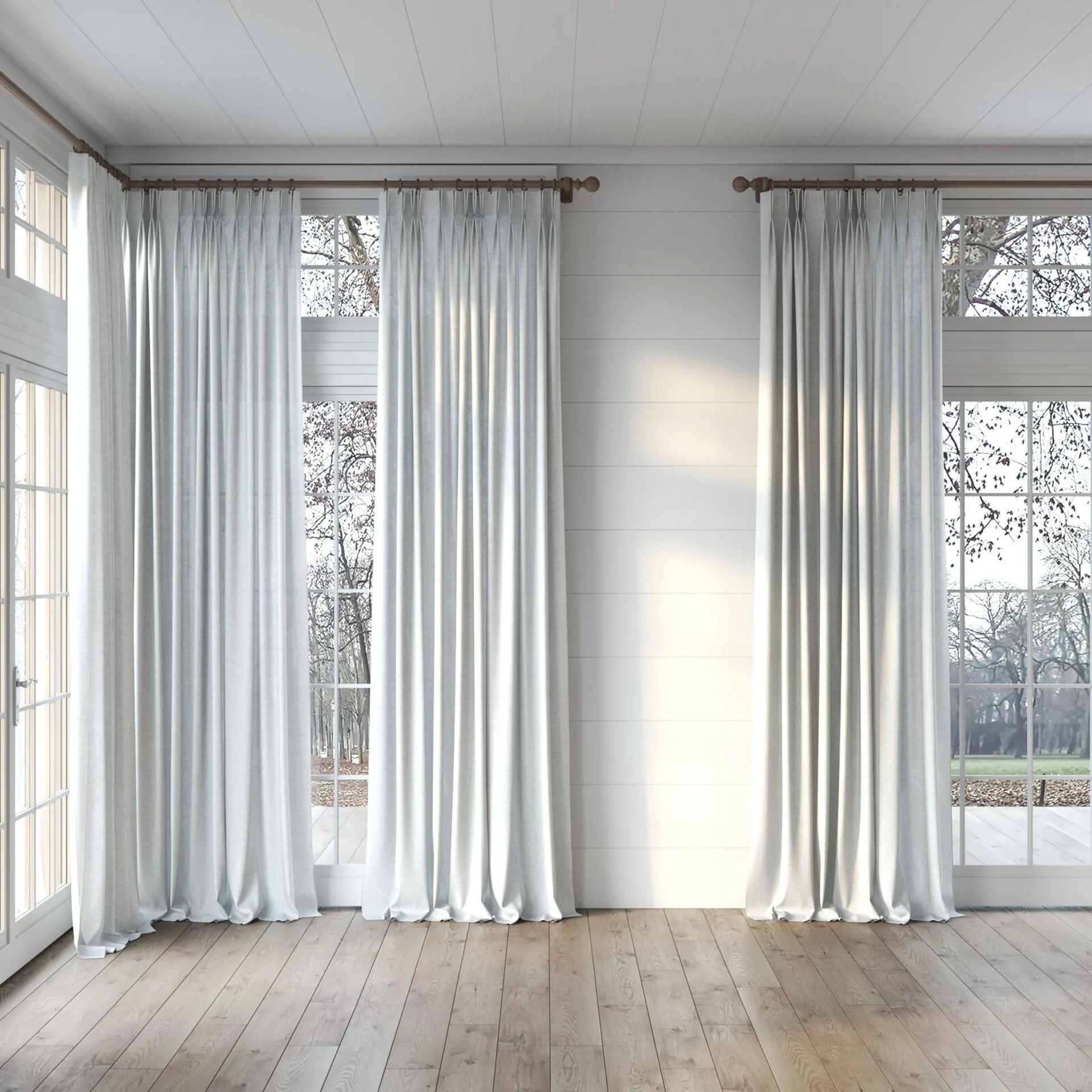 Full view of Envoy 2 Haze 320cm, puddled, on curtain rod