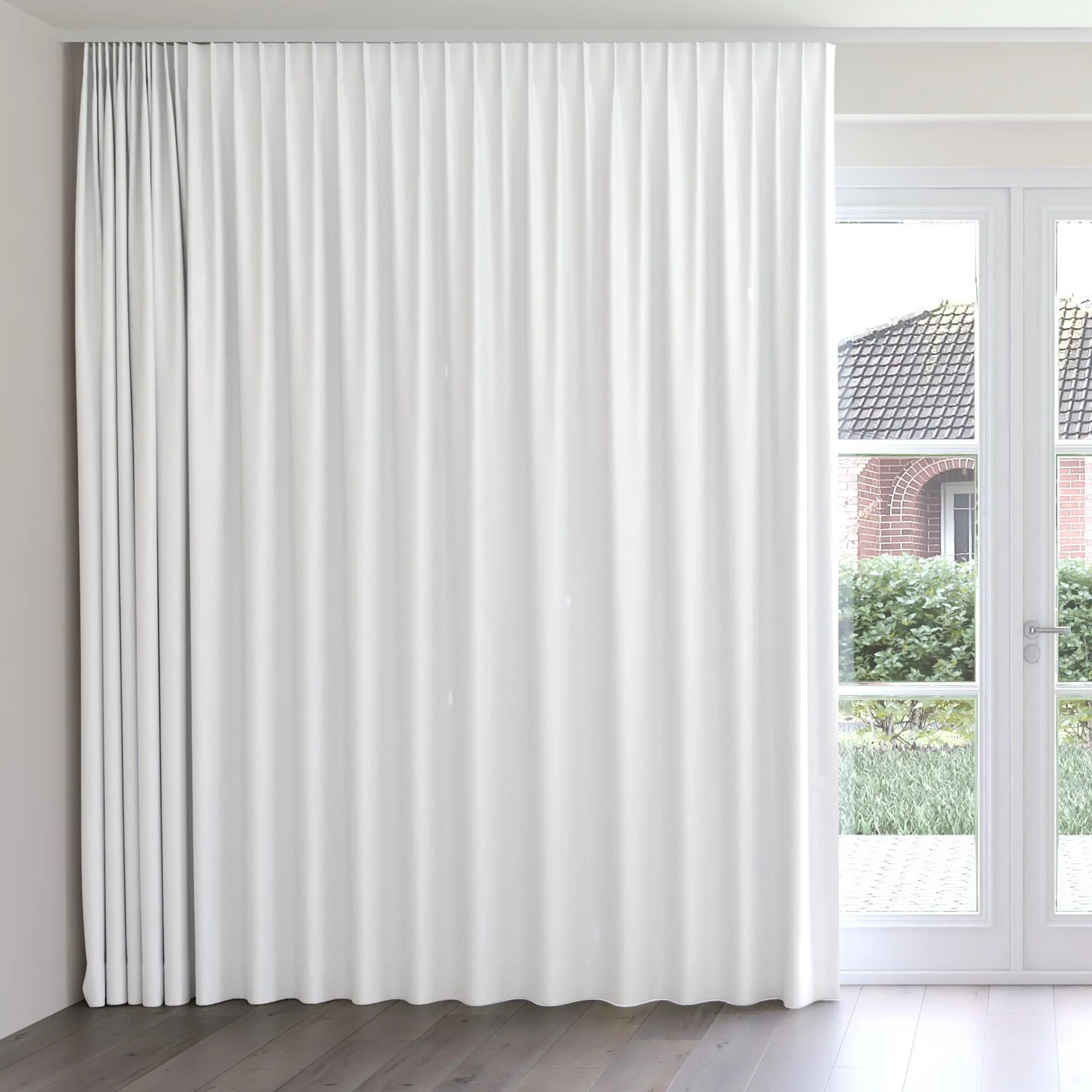 Front view of Retreat Blackout Linen, on curtain rail