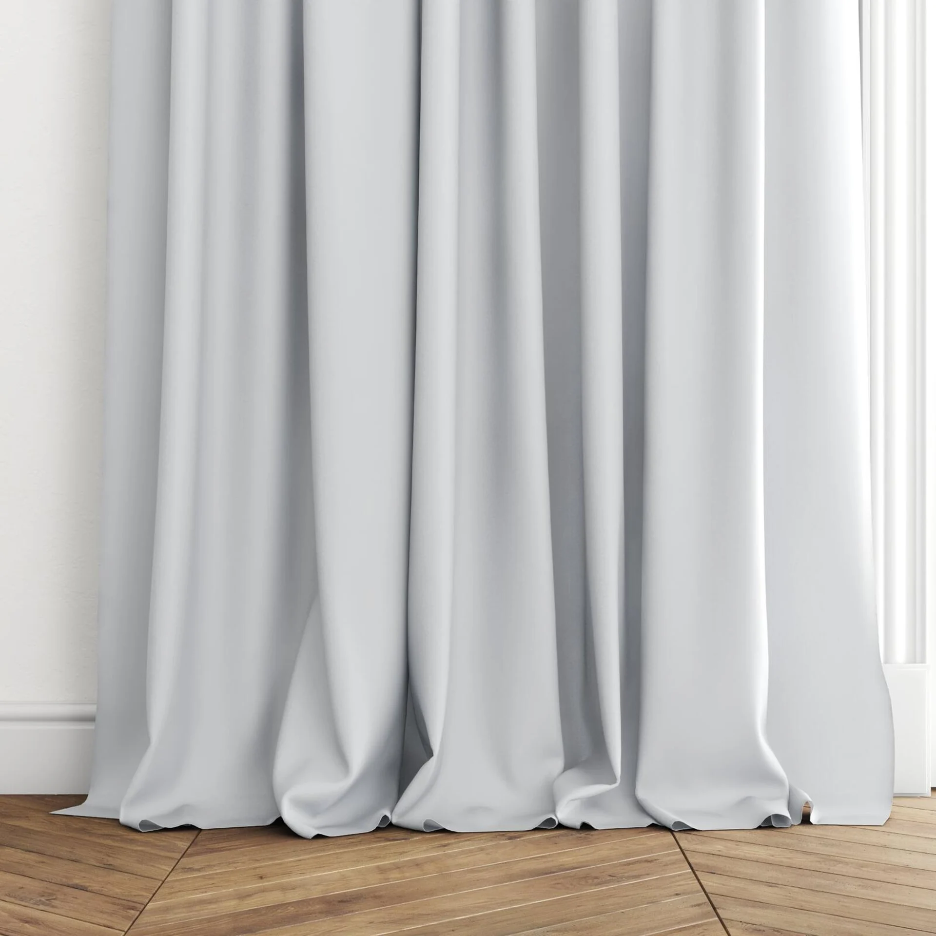 Bottom view of Kite Fog, puddled with pinch pleat, on curtain rod
