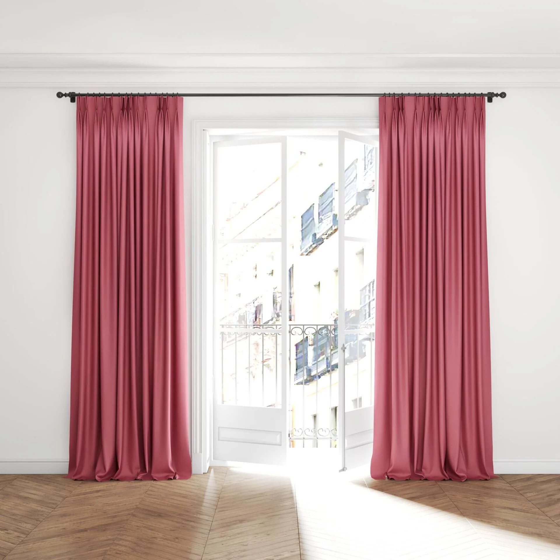 Full view of Grove Lollipop, puddled with pinch pleat, on curtain rod