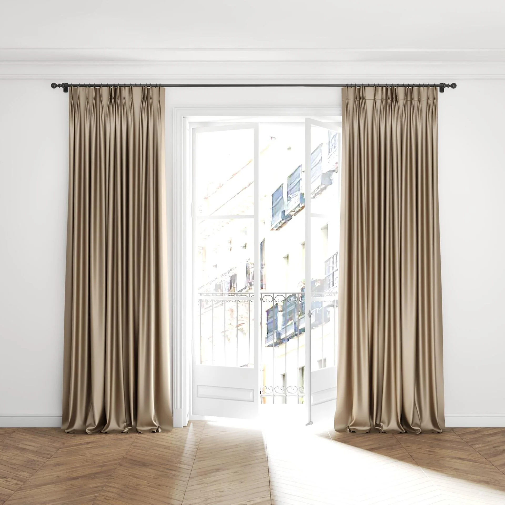 Full view of Moonbeam Crockery, puddled with pinch pleat, on curtain rod