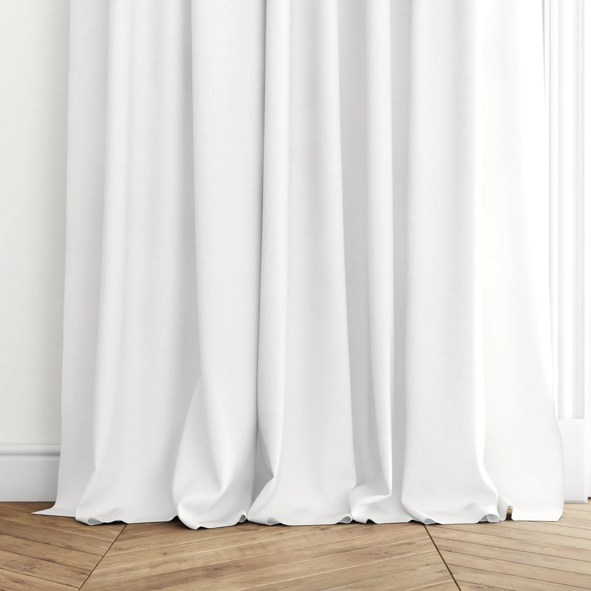 Bottom view of Private Snow, puddled with pinch pleat, on curtain rod