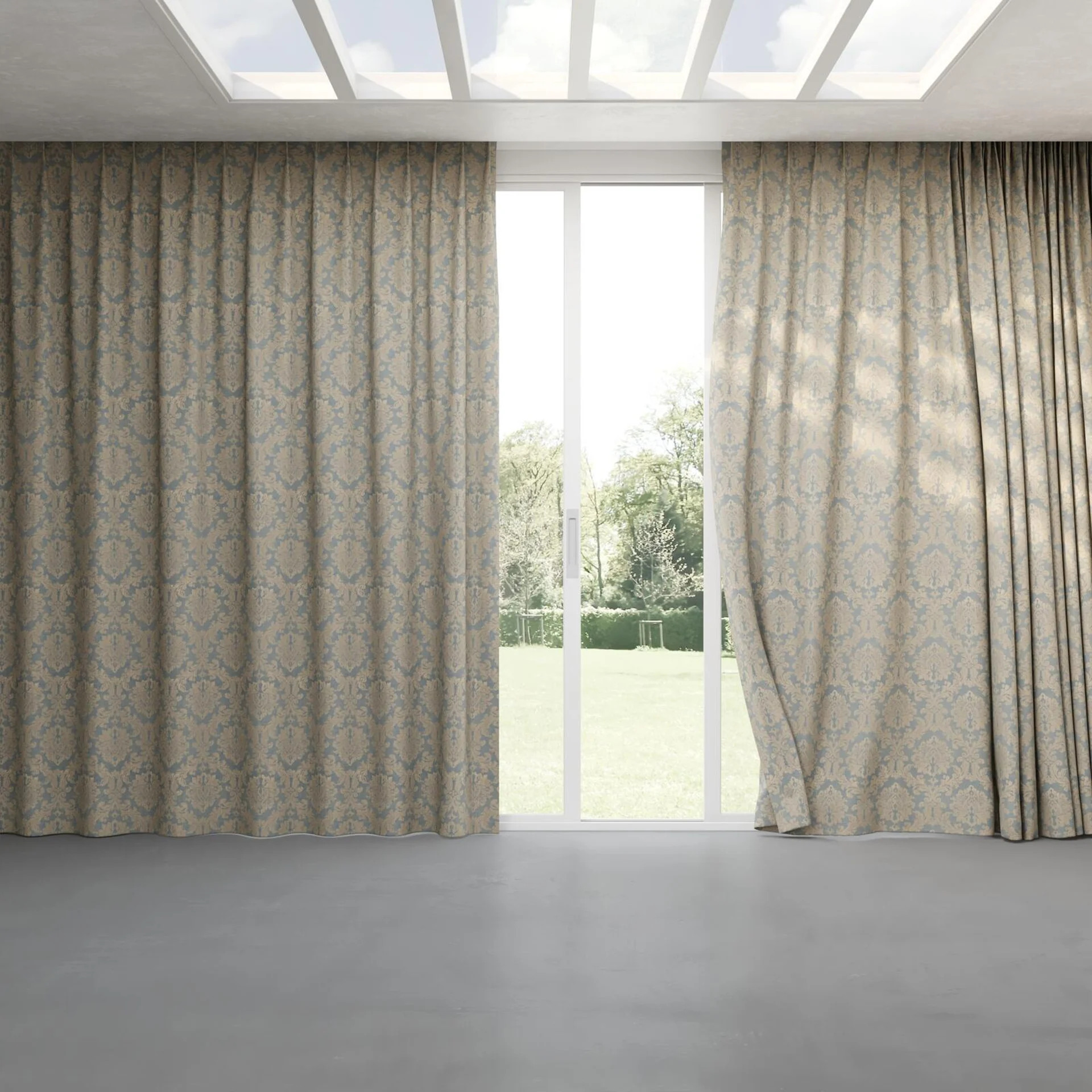 Full view of Damian Sky, pinch pleat
