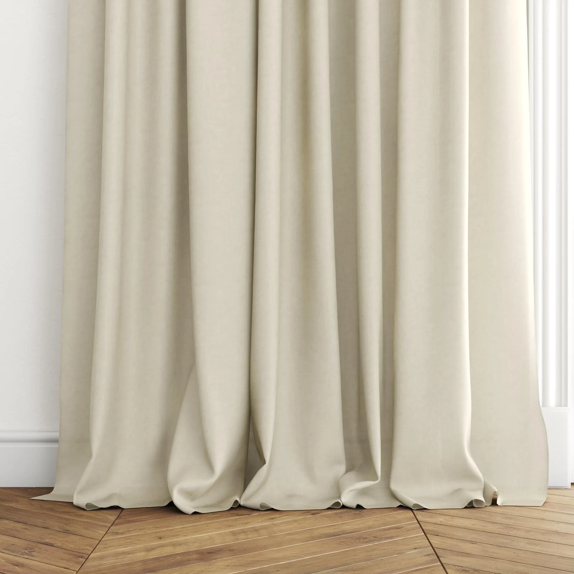 Bottom view of Flo II Marzipan, puddled with pinch pleat, on curtain rod