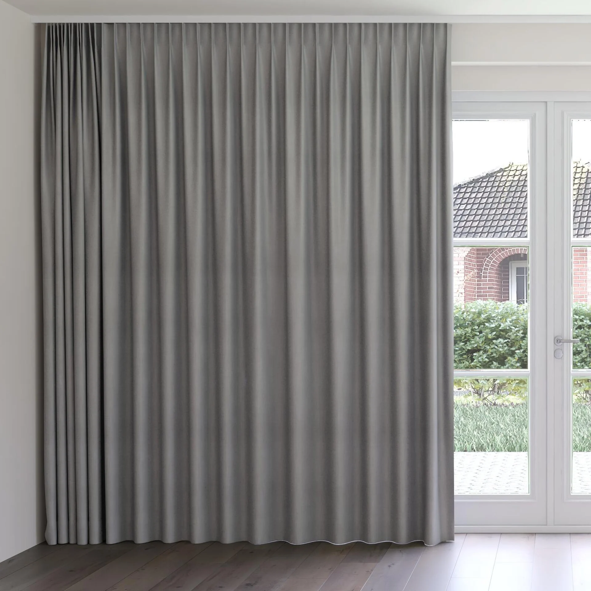 Front view of Loci Dim Out Pebble, on curtain rail