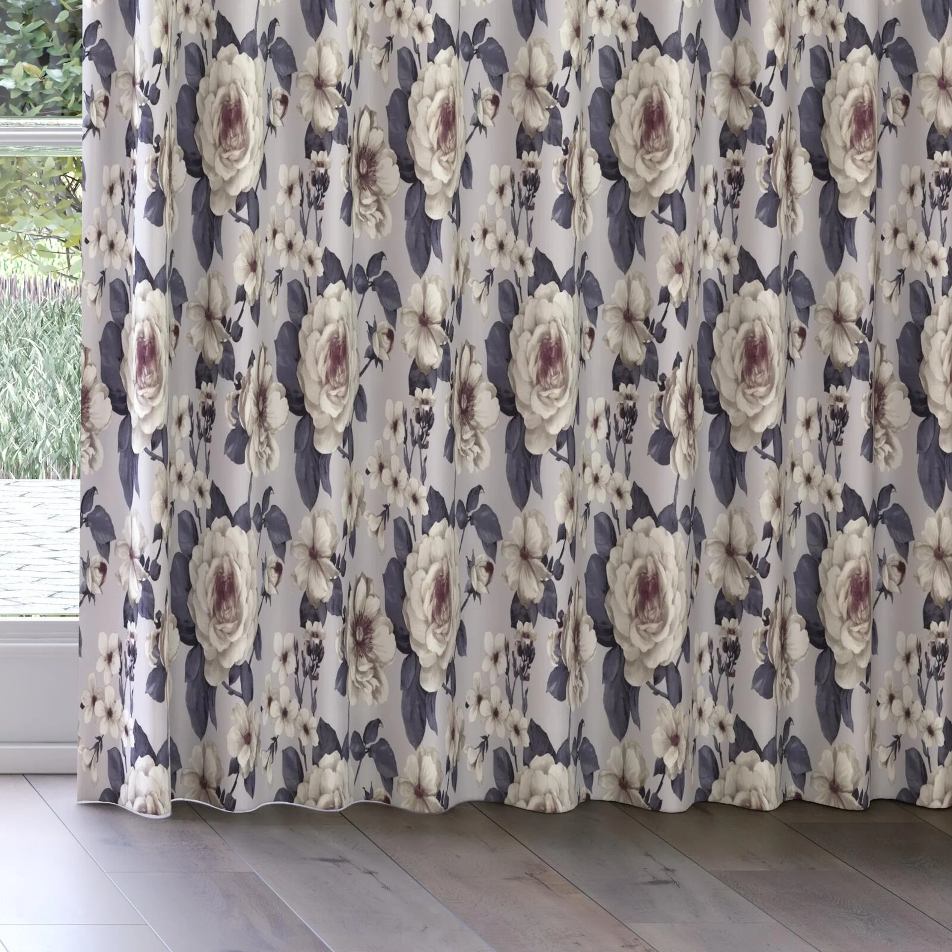 Bottom view of Miriam French Earl Grey, on curtain rail