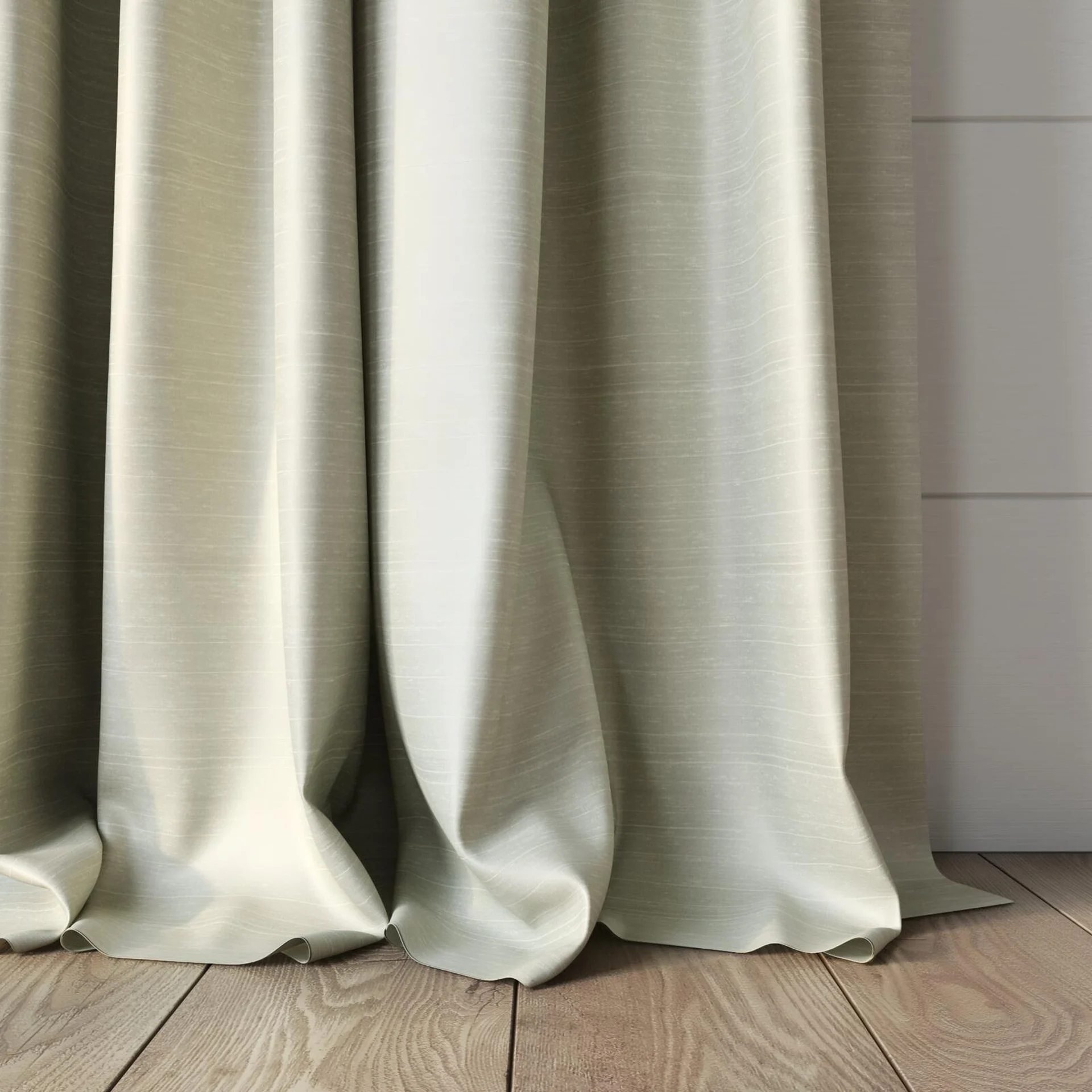 Bottom view of Silky Ivory, puddled, on curtain rod