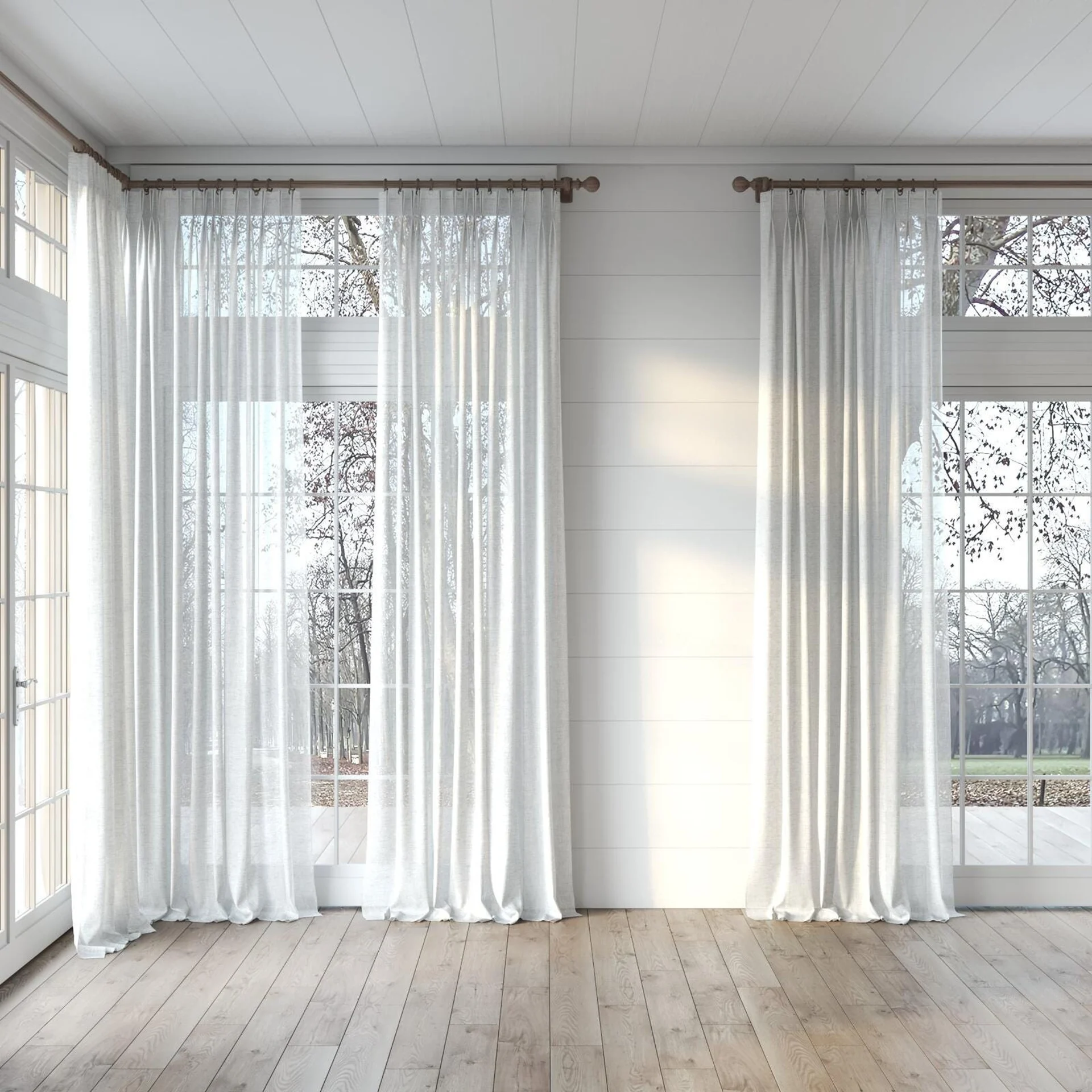 Full view of Homespun Silver Birch, puddled, on curtain rod