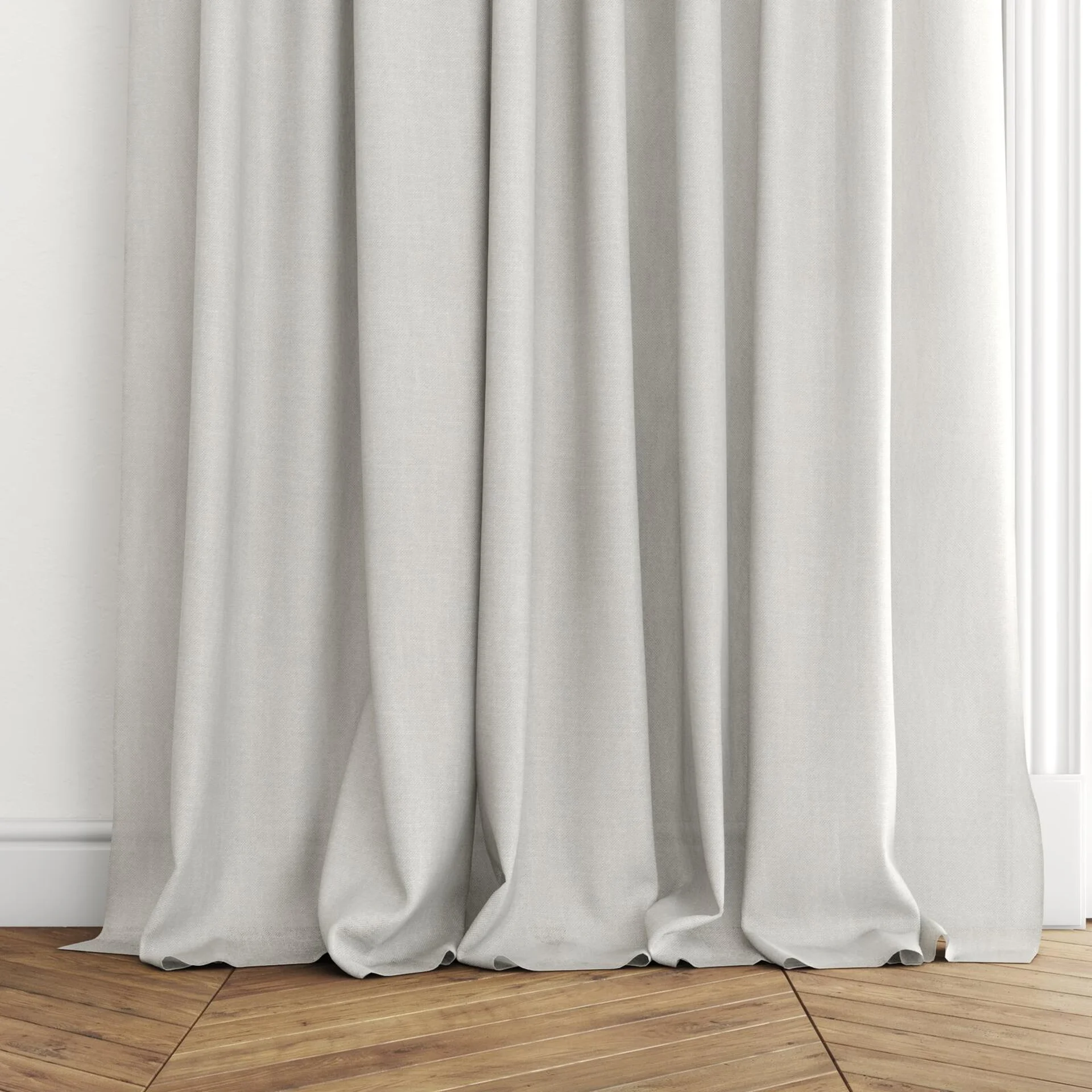Bottom view of Lucidity Ecru, puddled with pinch pleat, on curtain rod