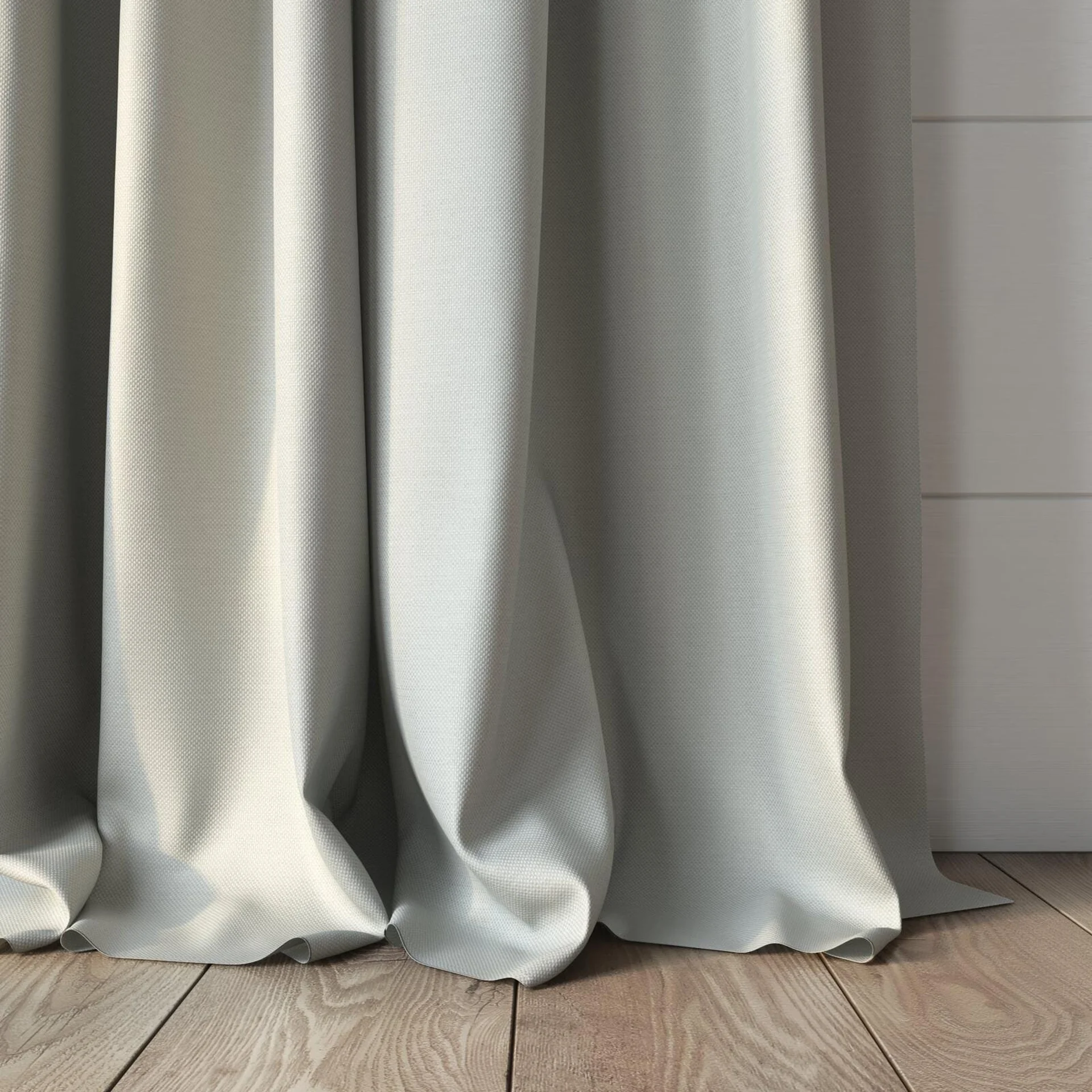 Bottom view of Duede Marble, puddled, on curtain rod