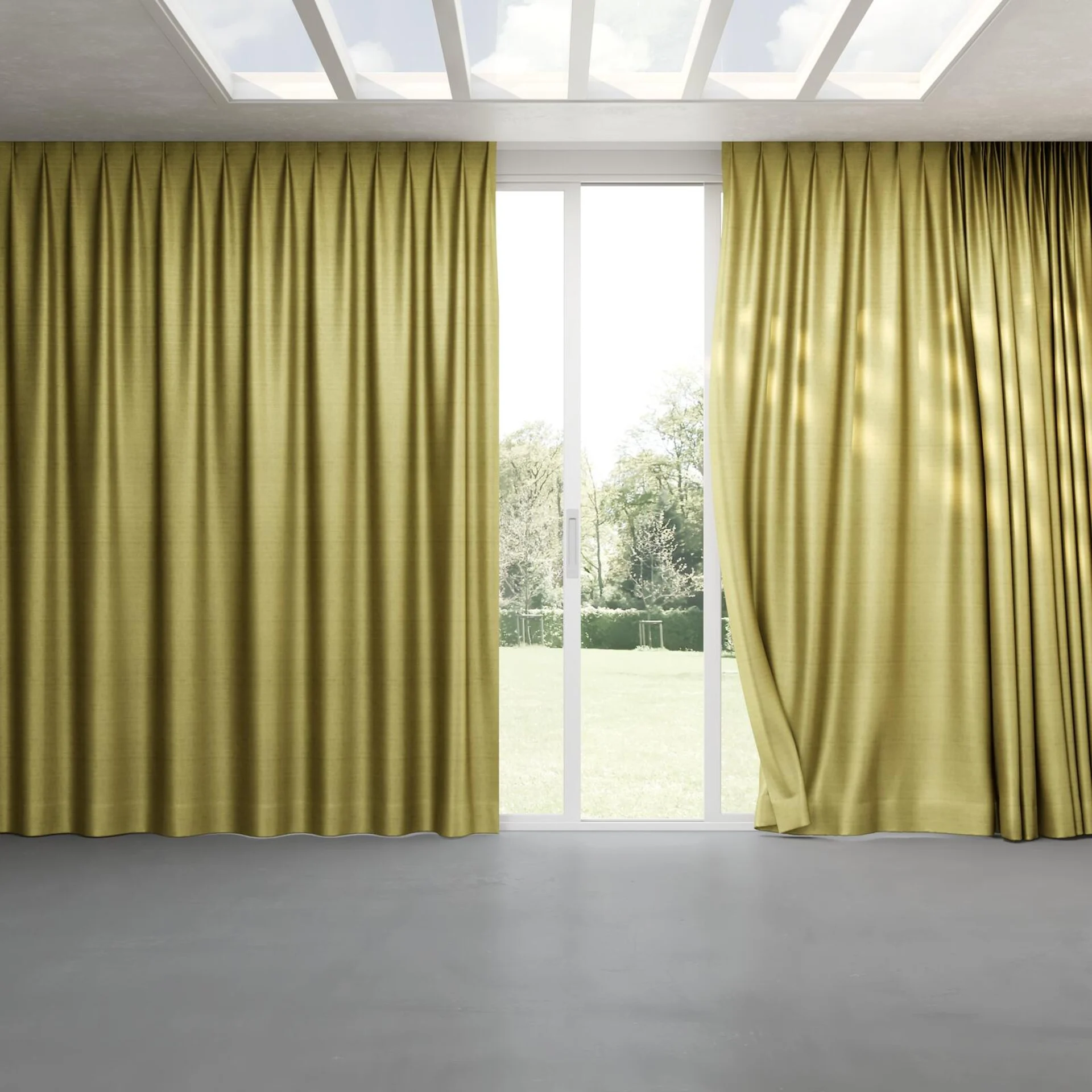 Full view of Zircon Pistachio, pinch pleat