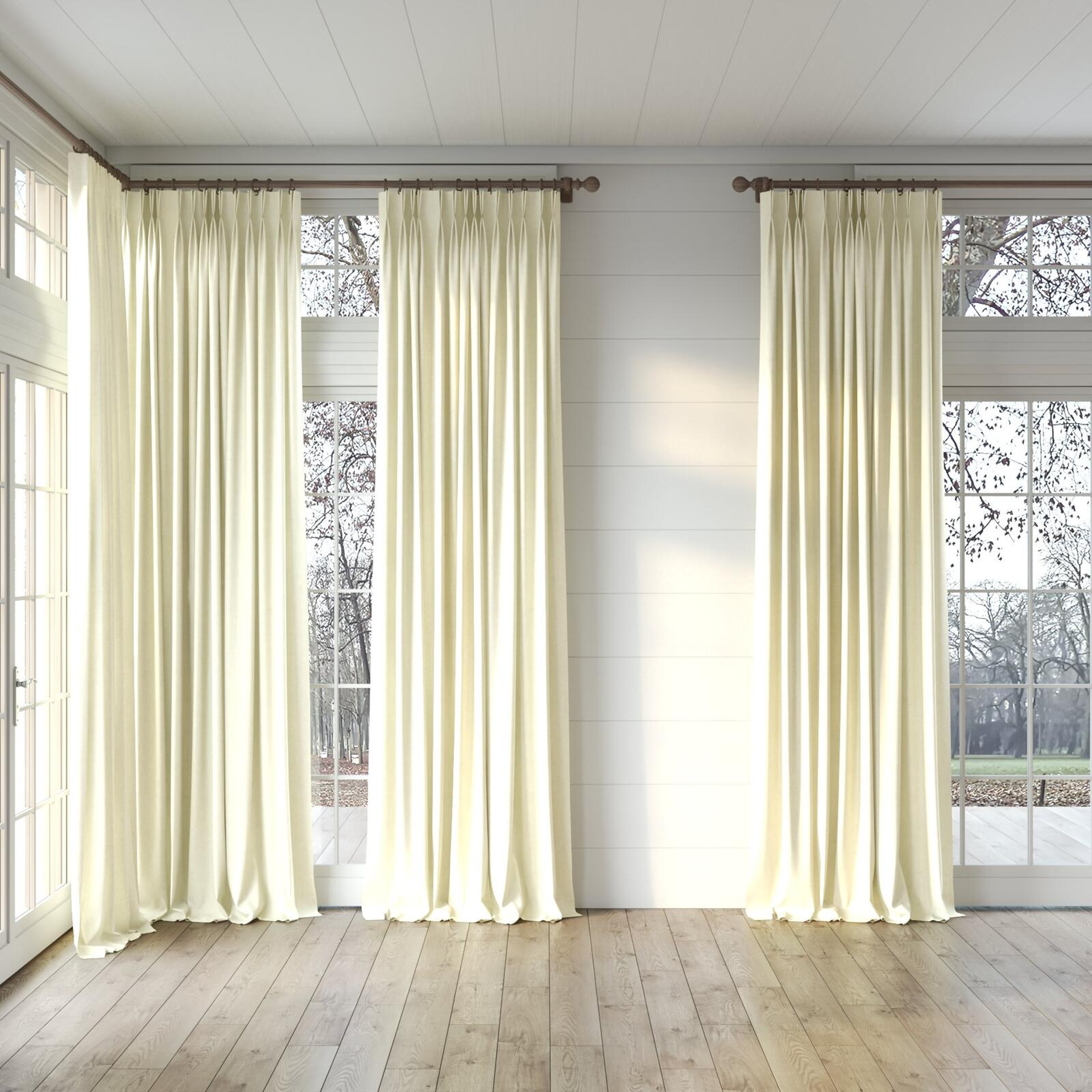 Full view of Rover Champagne, puddled, on curtain rod