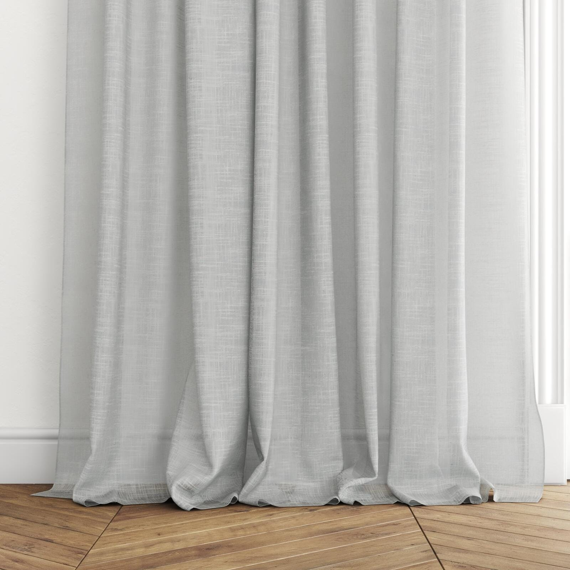 Bottom view of Savina Cloud, puddled with pinch pleat, on curtain rod