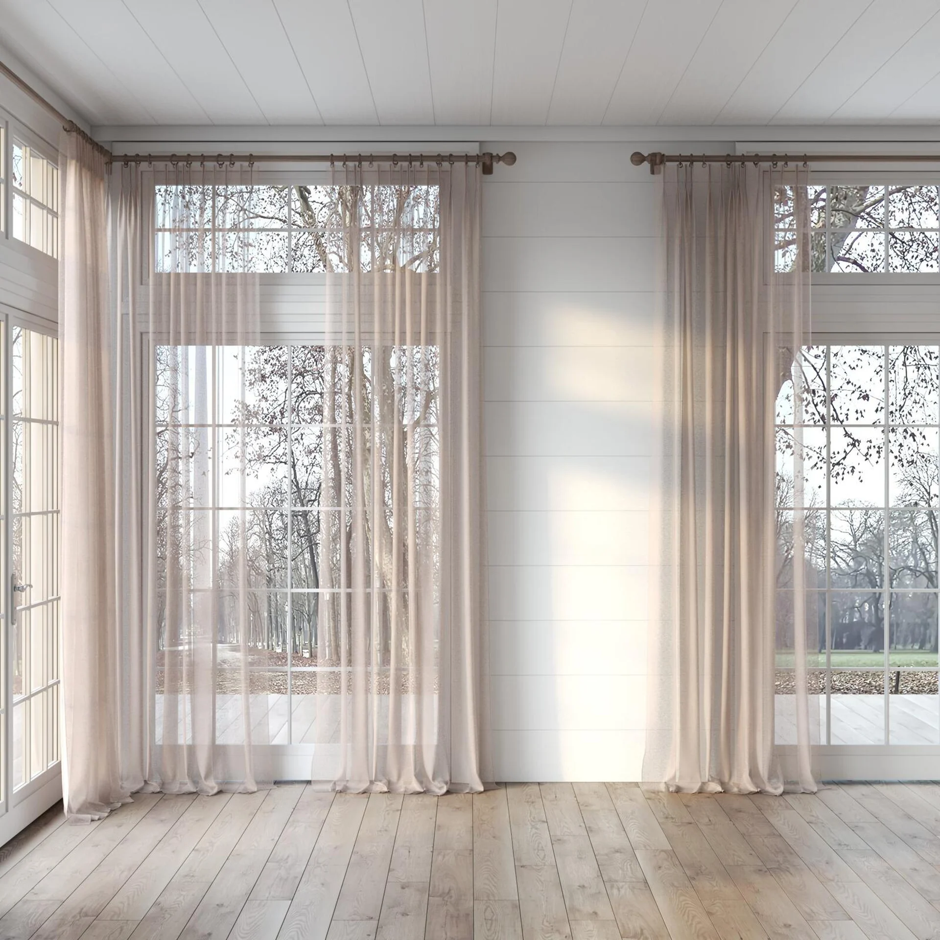 Full view of Pure Linen Cameo, puddled, on curtain rod