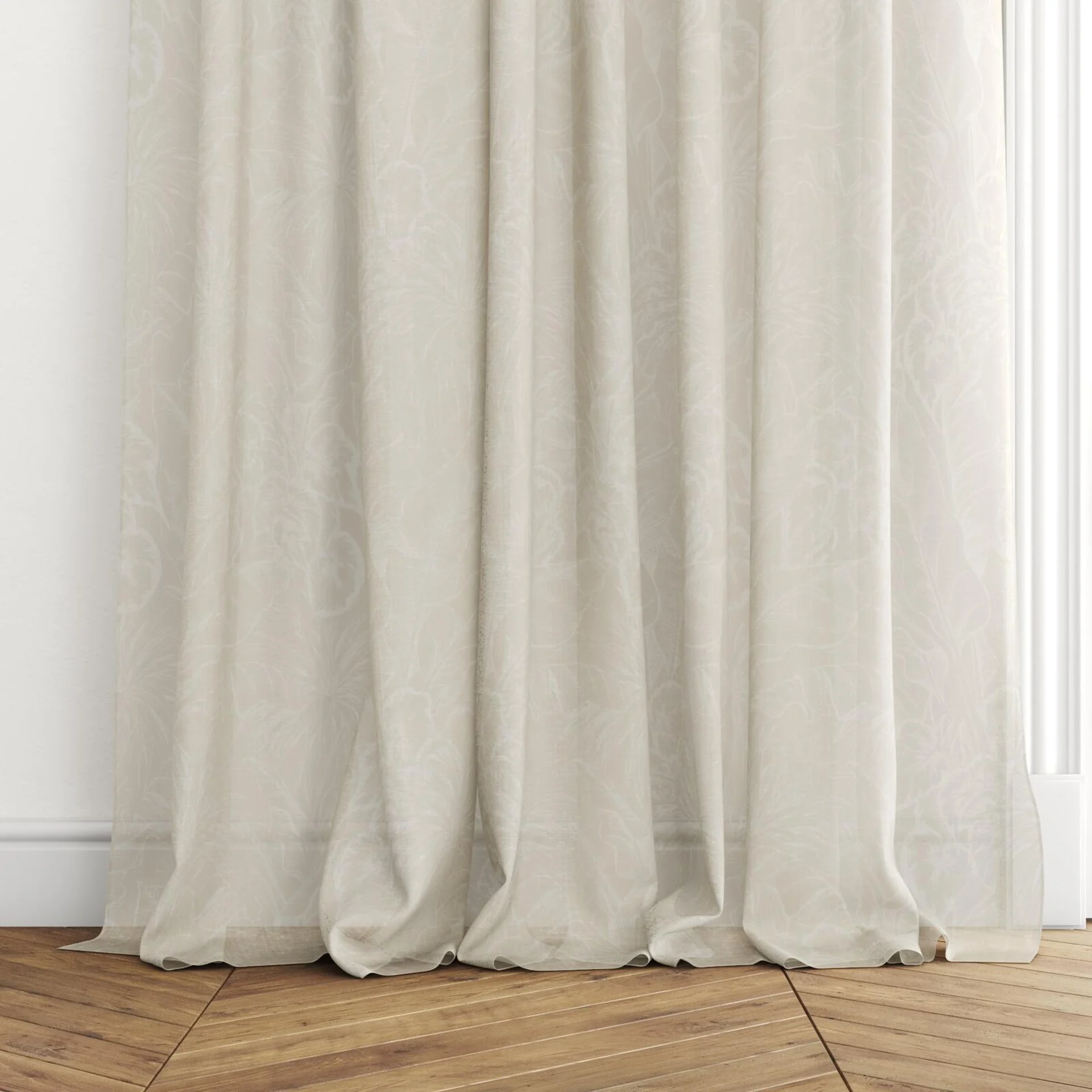 Bottom view of Palmery Sand, puddled with pinch pleat, on curtain rod