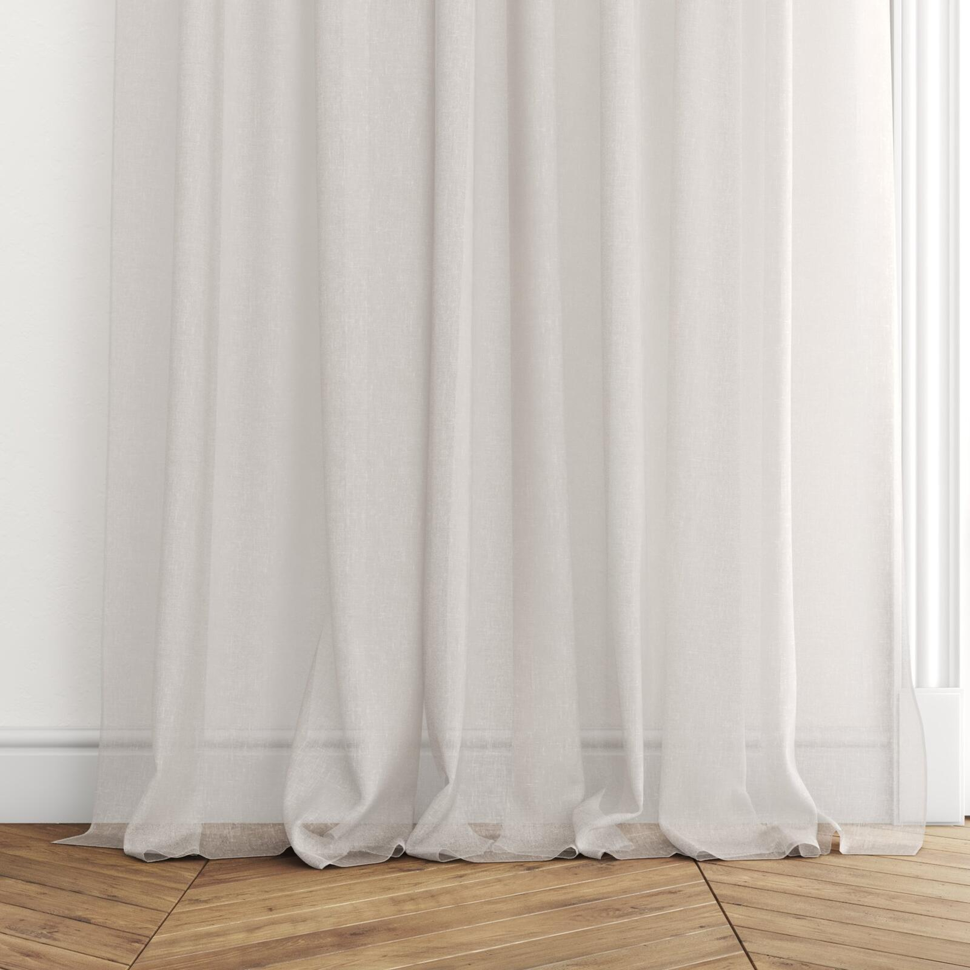 Bottom view of Tempest Peach, puddled with pinch pleat, on curtain rod