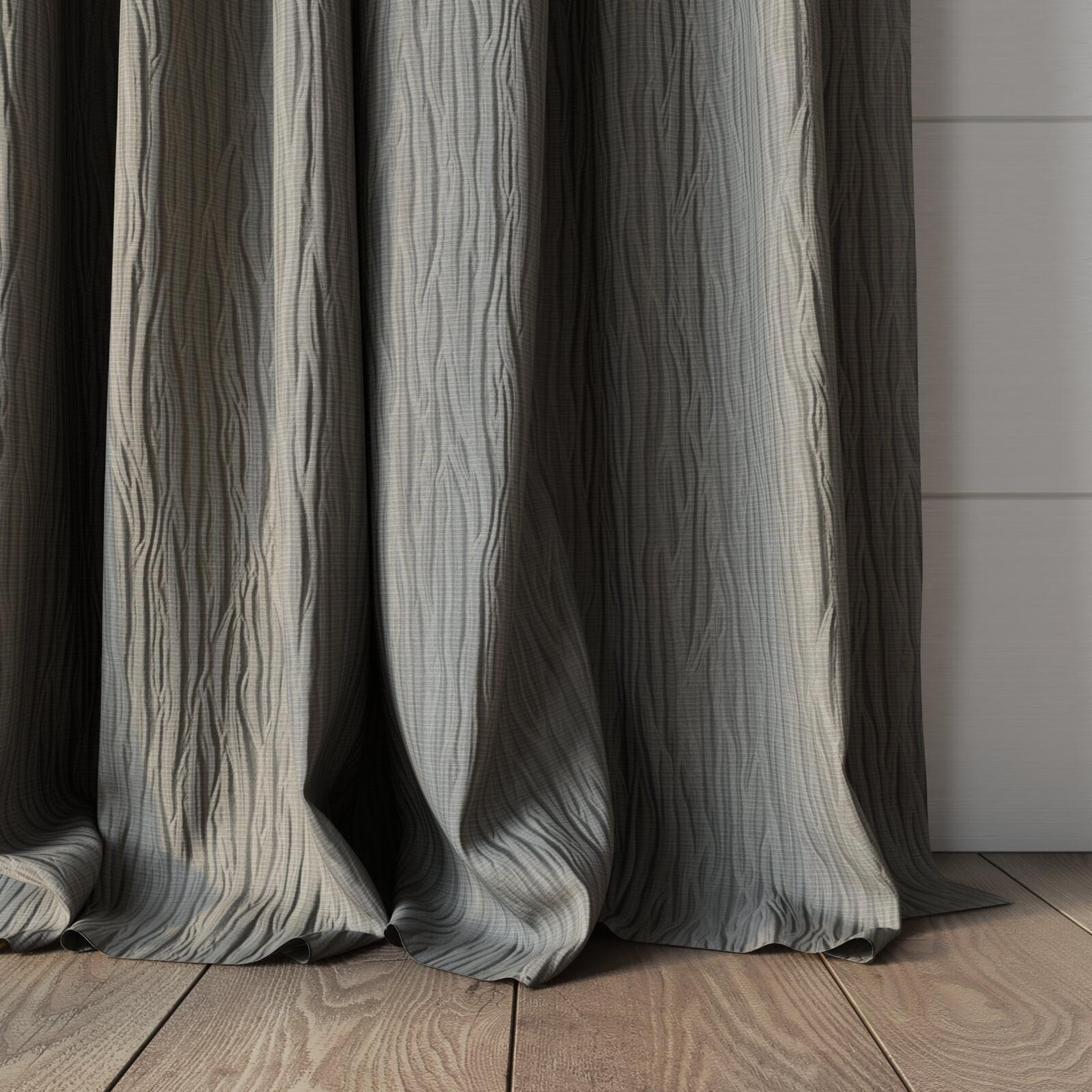 Bottom view of Sandrift Smoke, puddled, on curtain rod