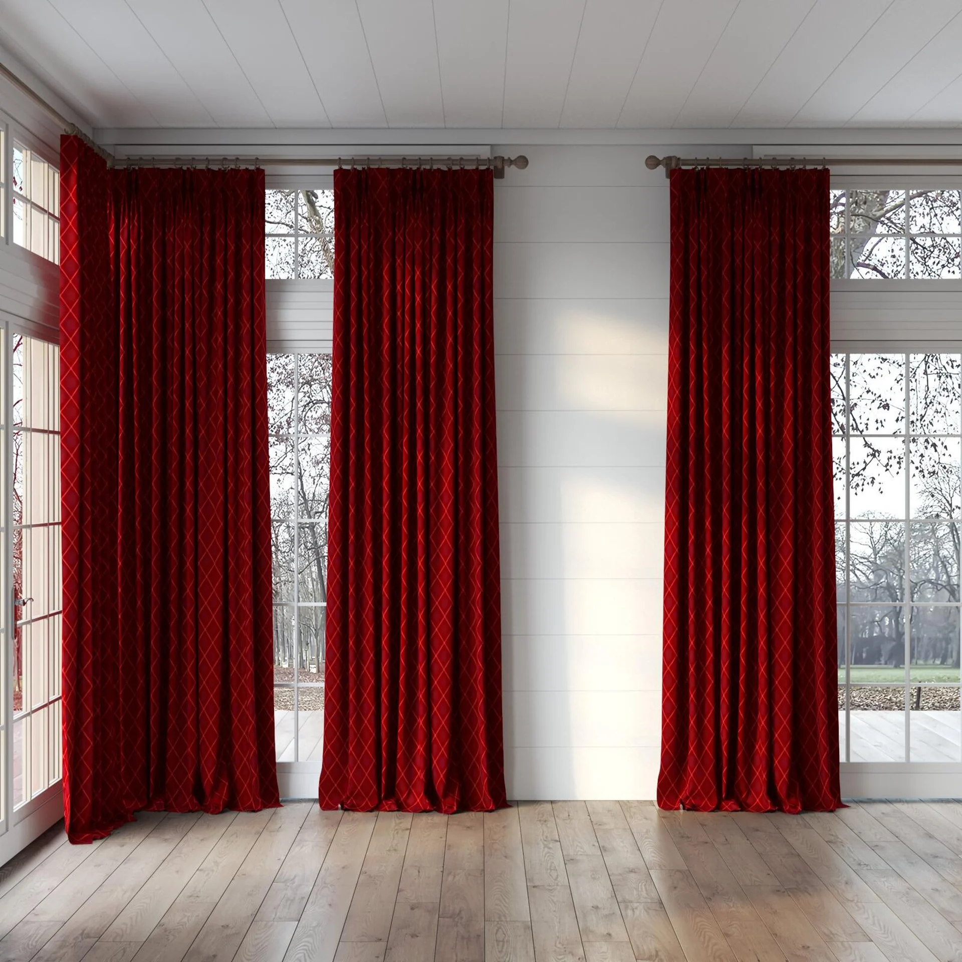 Full view of Pantheon Cerise, puddled, on curtain rod