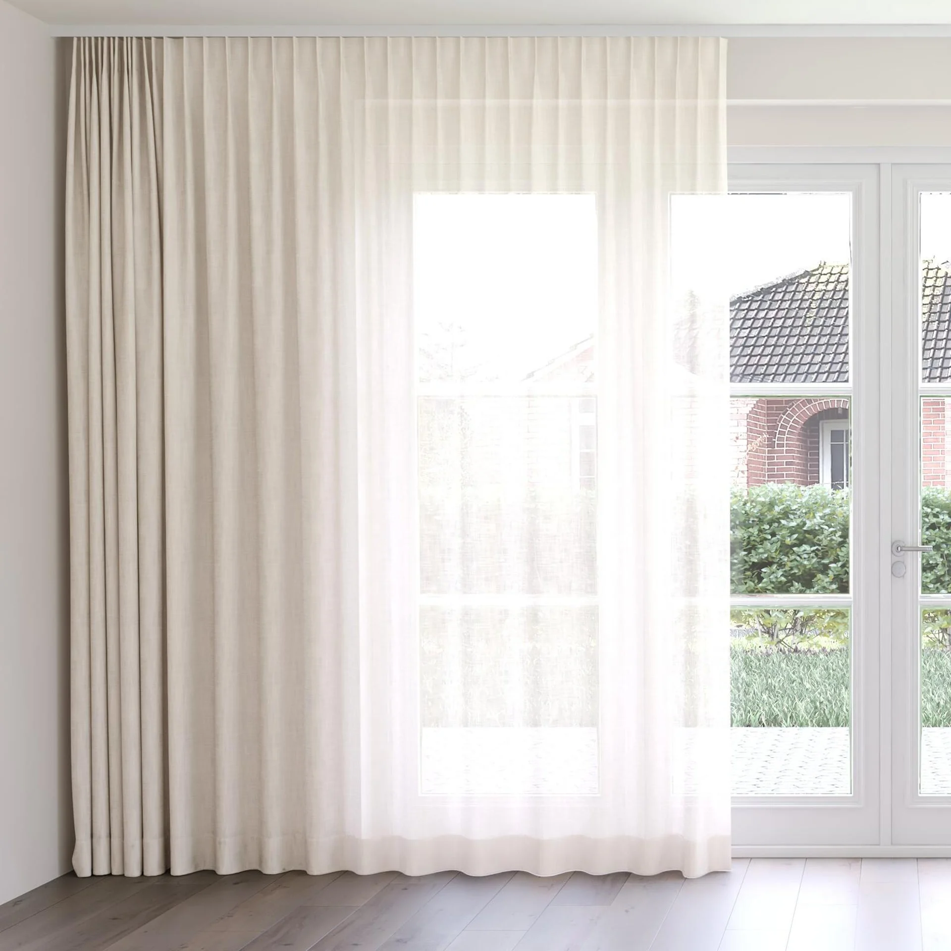 Front view of Release Flax, on curtain rail