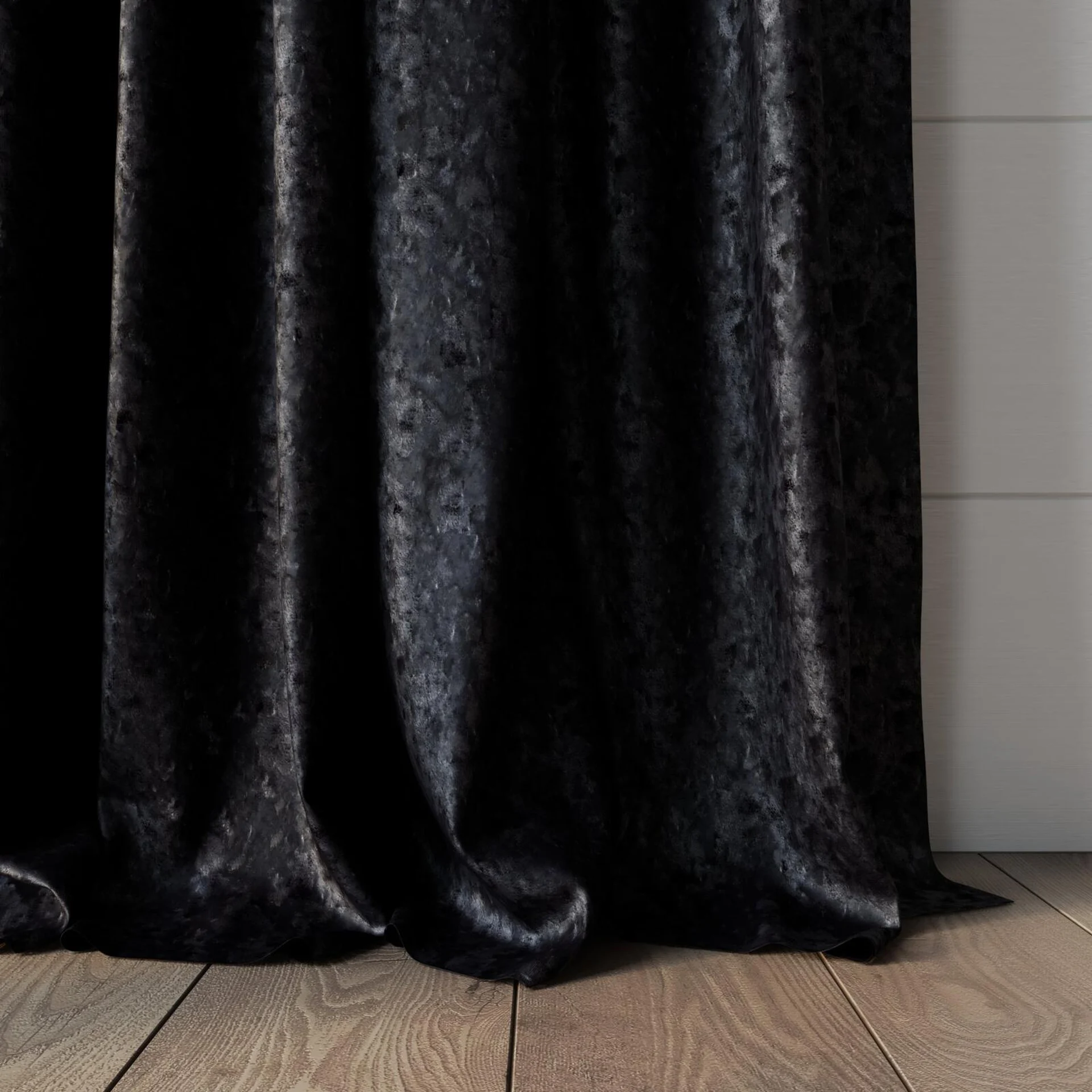 Bottom view of Opera Sterling, puddled, on curtain rod