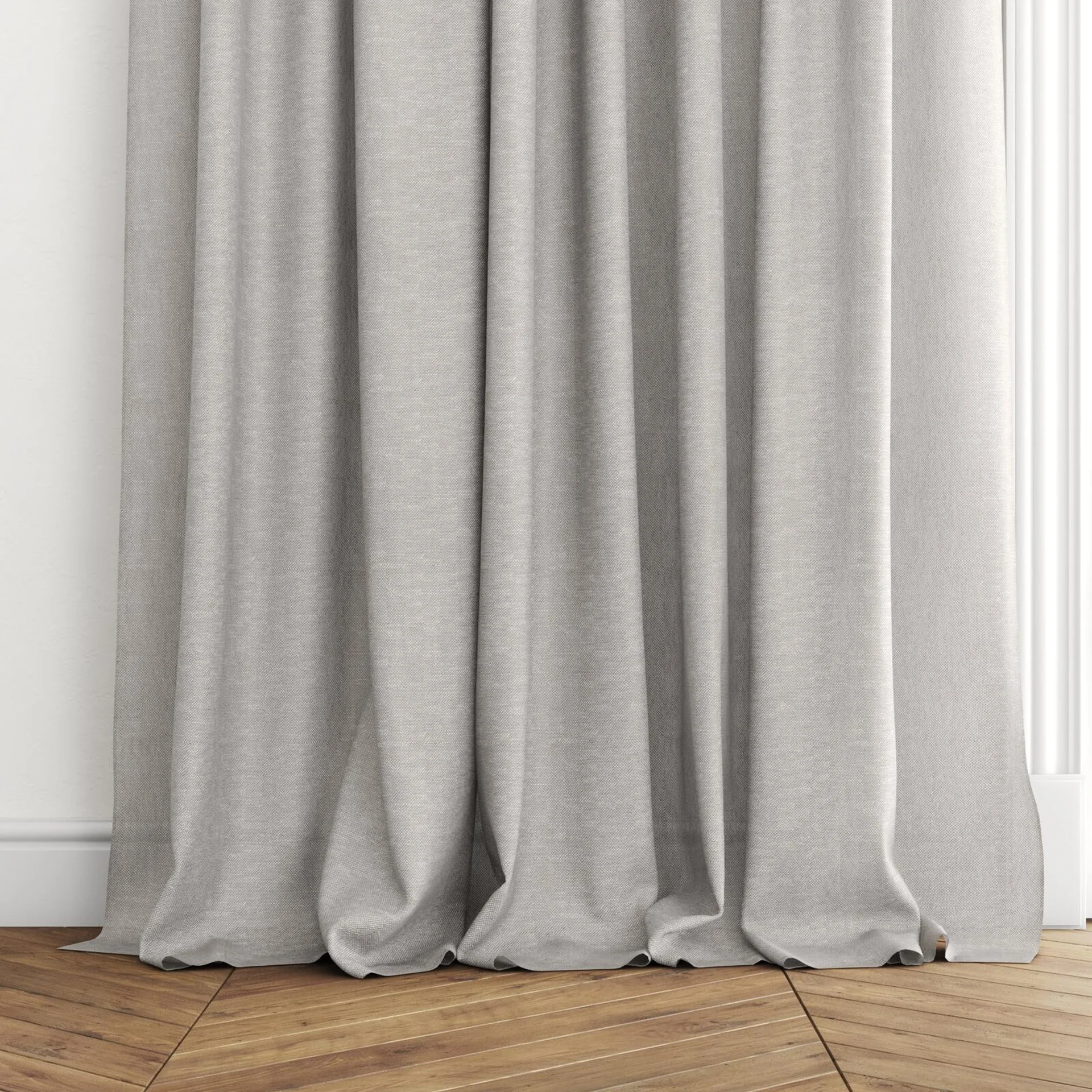 Bottom view of Lucidity Fog, puddled with pinch pleat, on curtain rod