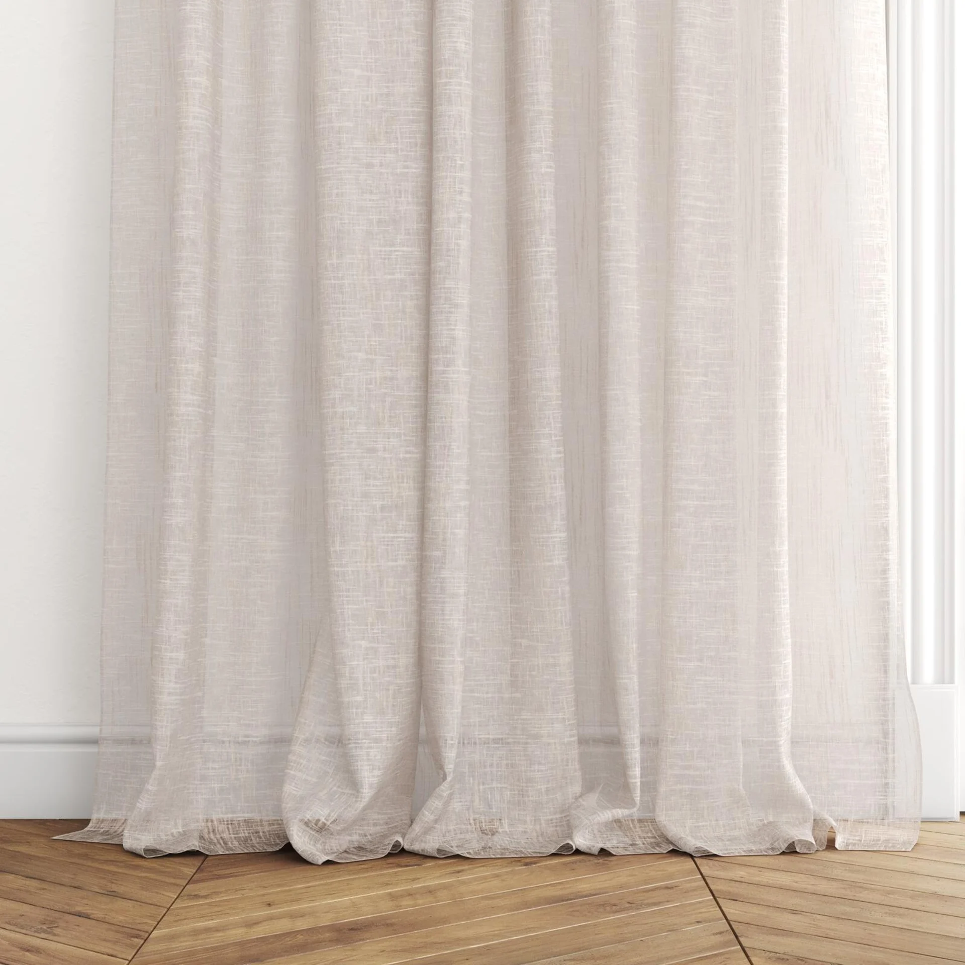 Bottom view of Beech Blush, puddled with pinch pleat, on curtain rod