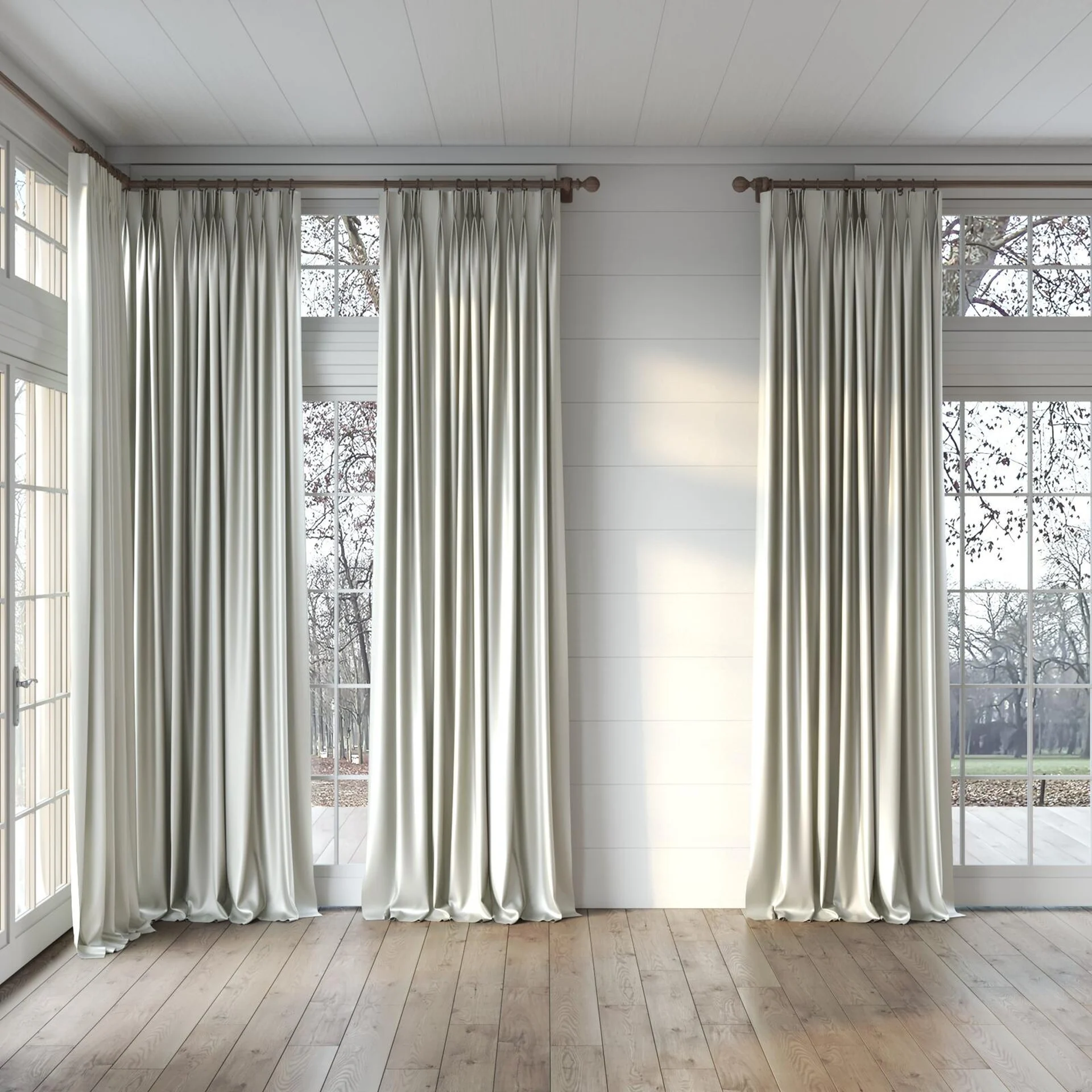 Full view of Moonbeam Angora, puddled, on curtain rod