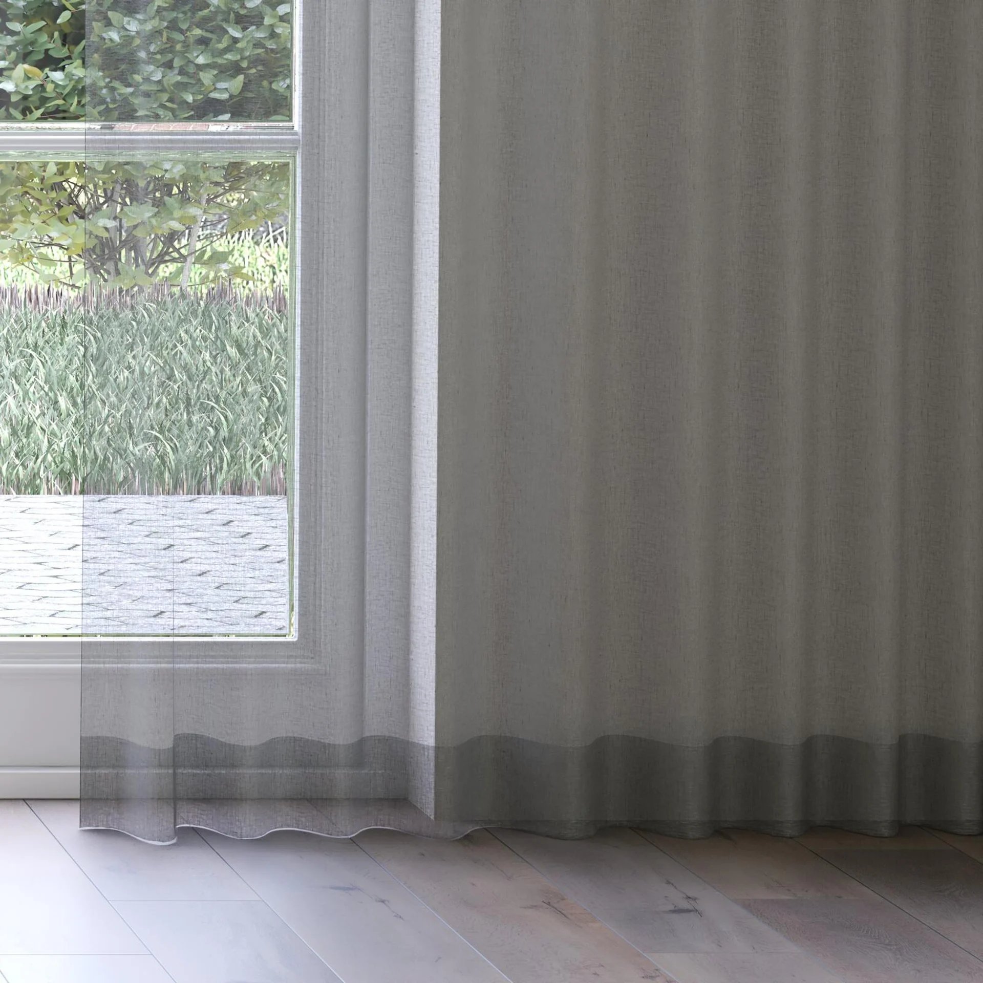 Bottom view of Pure Linen Pewter, on curtain rail