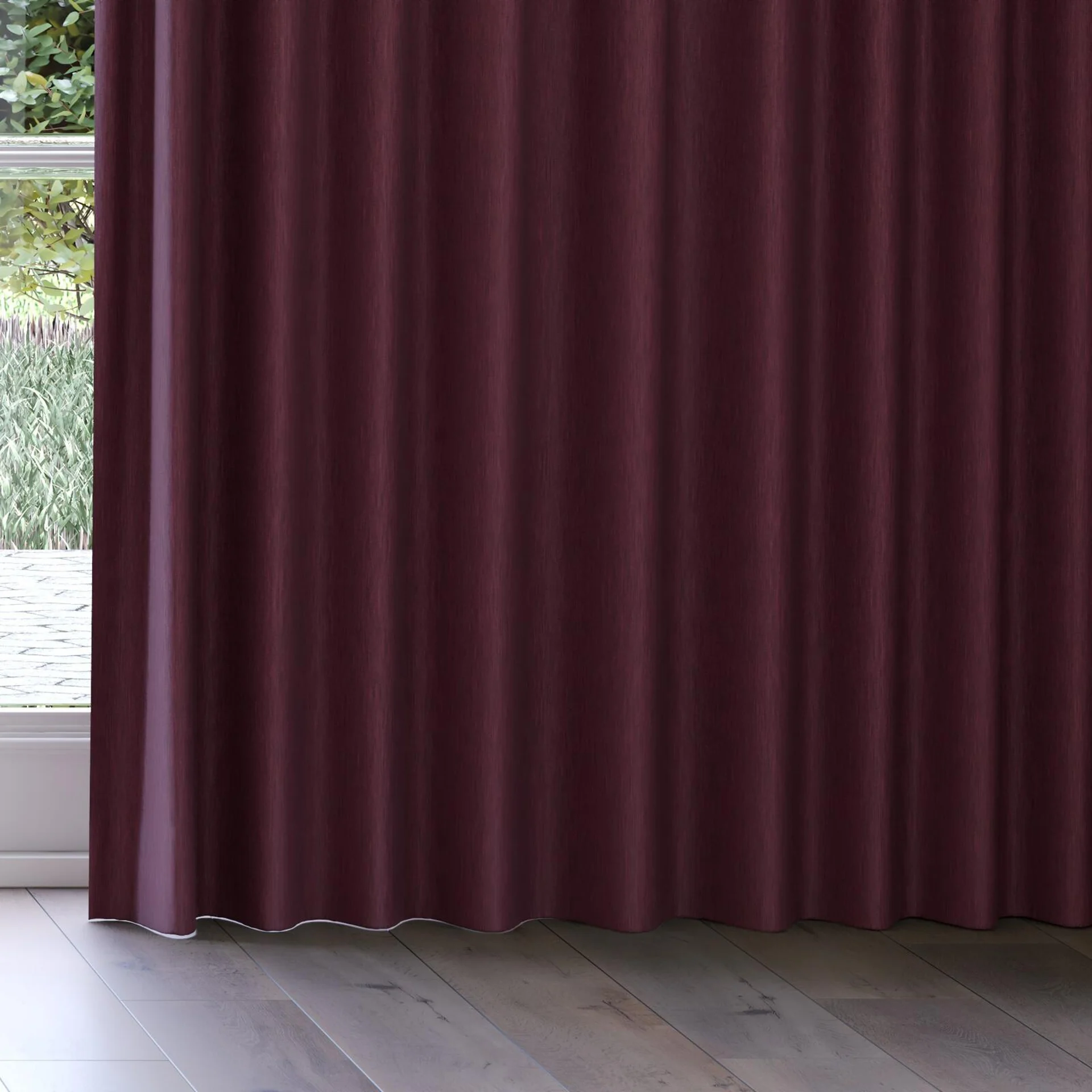 Bottom view of Tuxedo Burgundy, on curtain rail