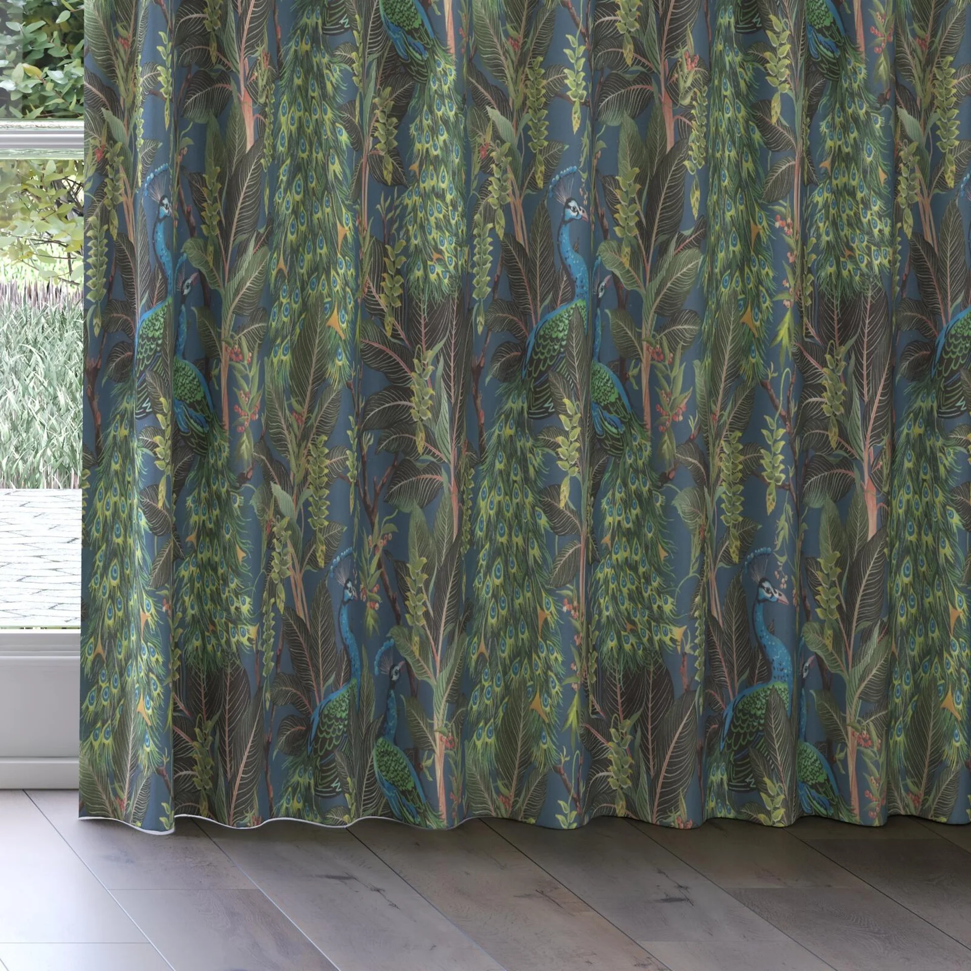 Bottom view of Royal Peacock Midnight, on curtain rail
