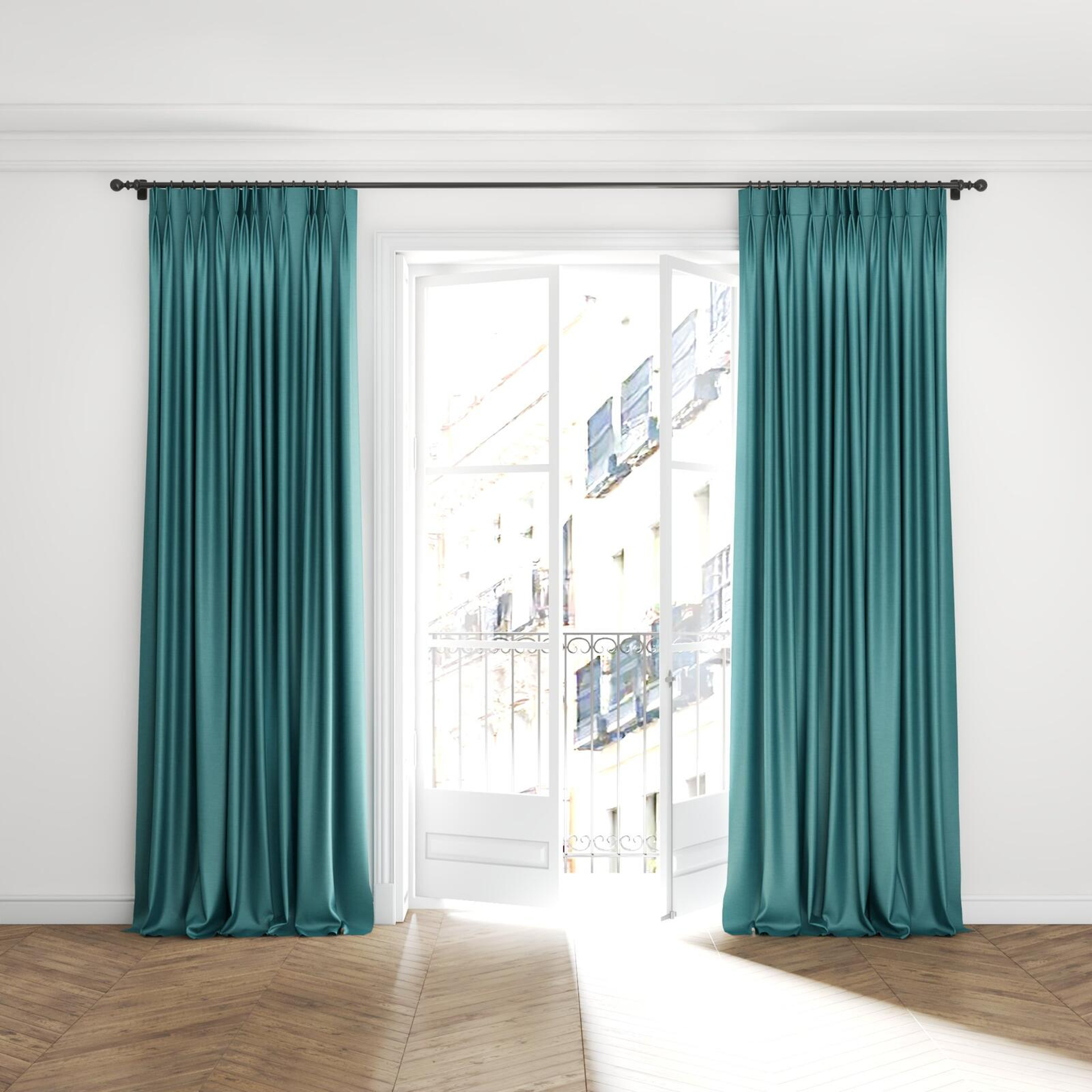 Full view of Provence Peacock, puddled with pinch pleat, on curtain rod