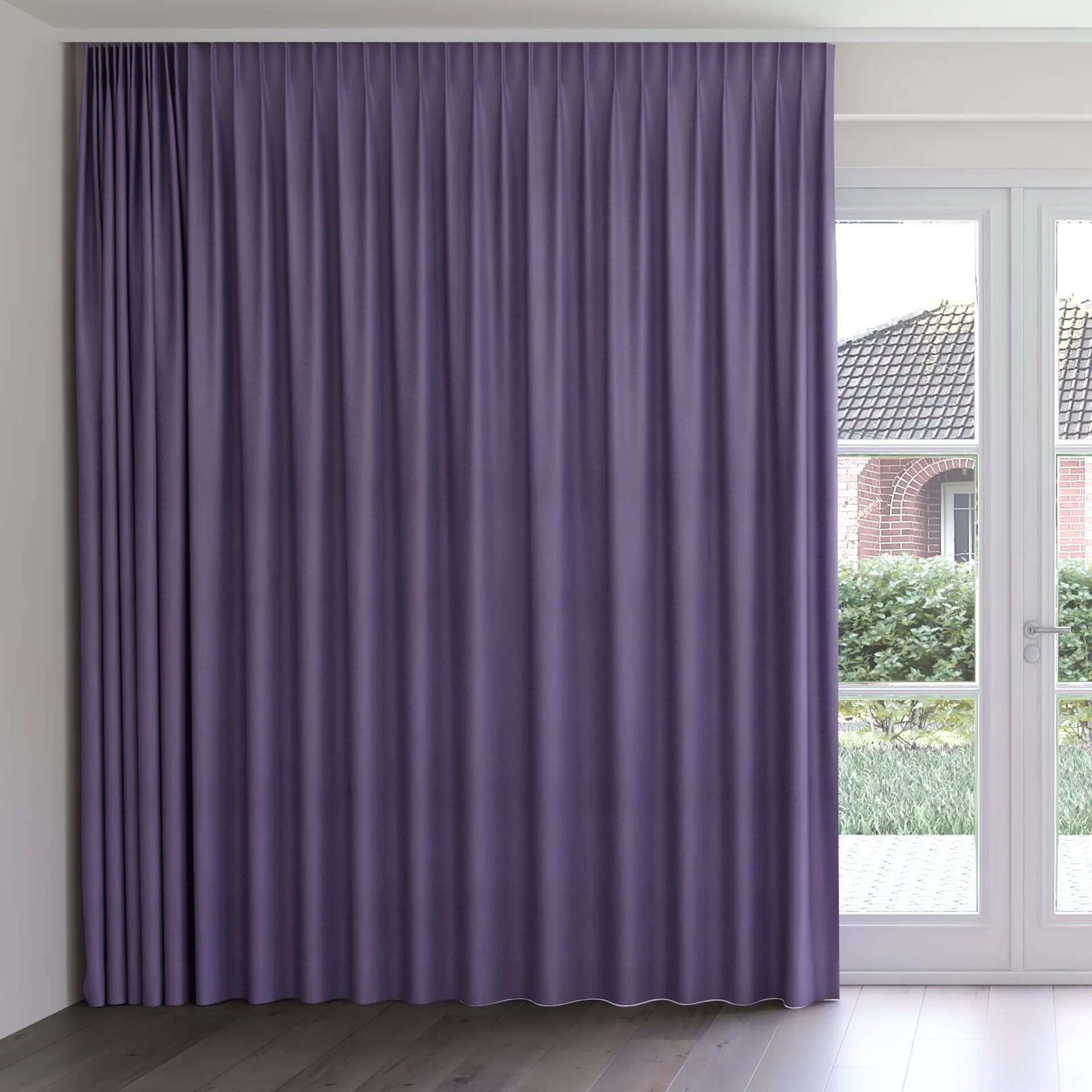 Front view of Loci Dim Out Blueberry, on curtain rail