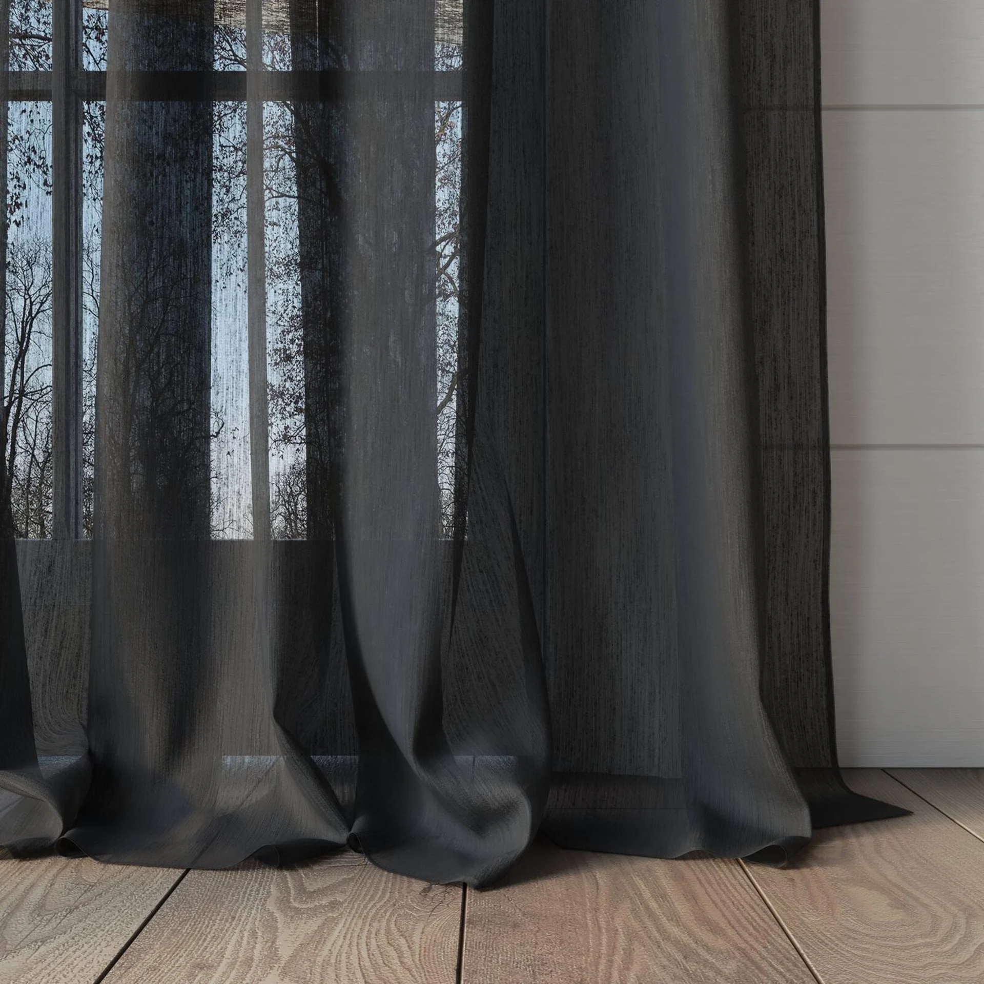 Bottom view of Stratus Charcoal, puddled, on curtain rod