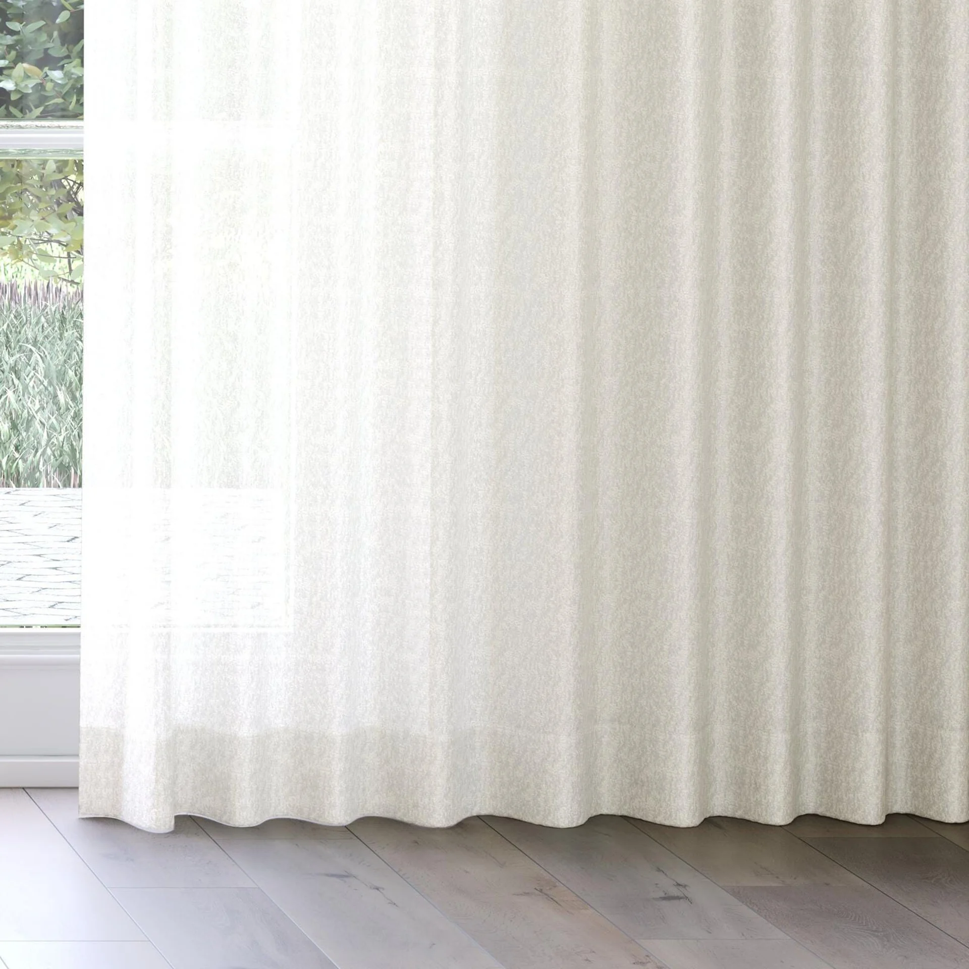Bottom view of Metallique Alabaster, on curtain rail