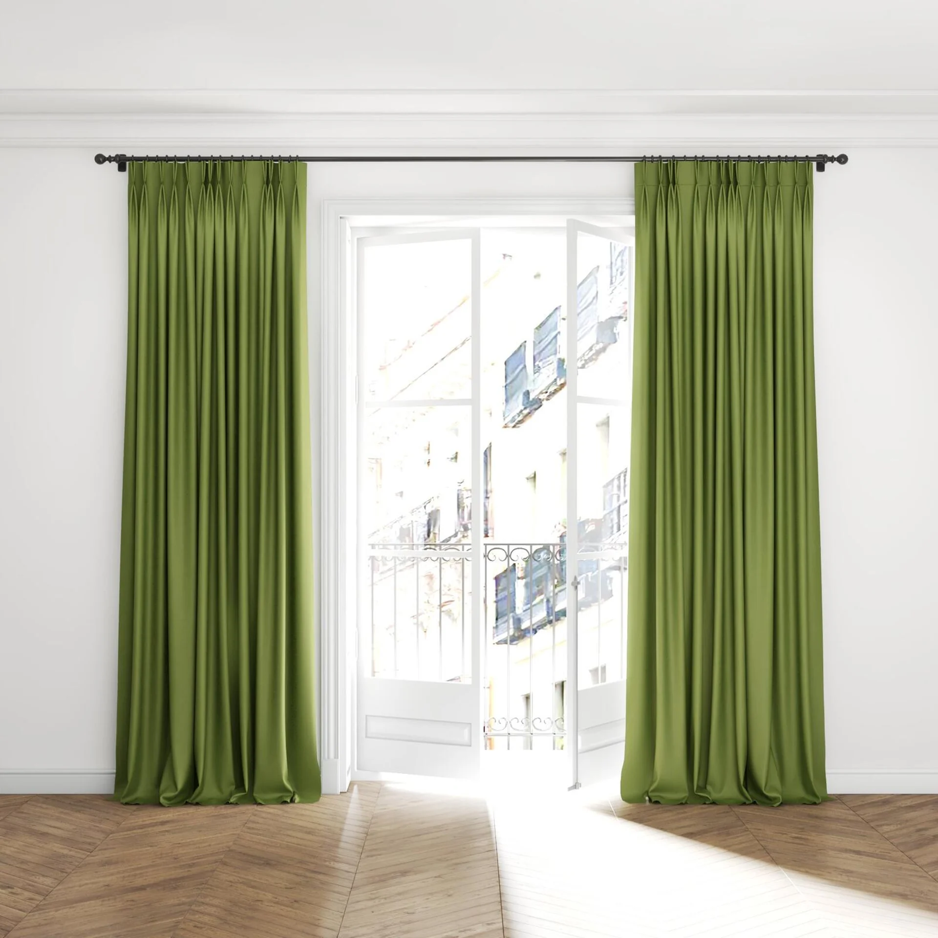 Full view of Kanvas Cactus, puddled with pinch pleat, on curtain rod