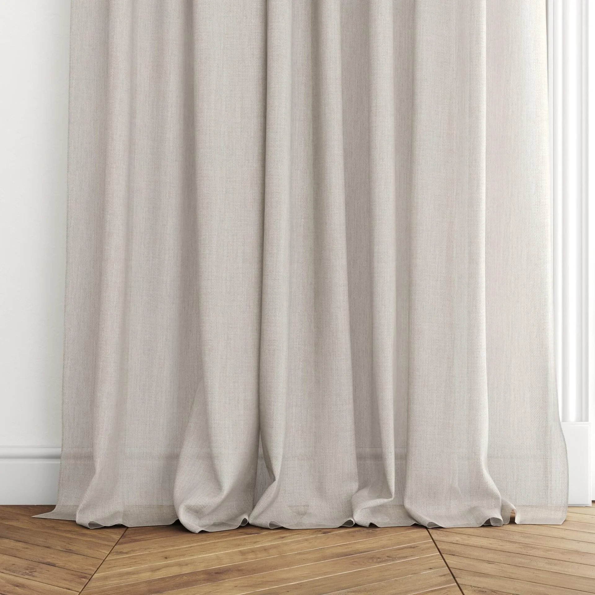 Bottom view of Mayfair Dust, puddled with pinch pleat, on curtain rod