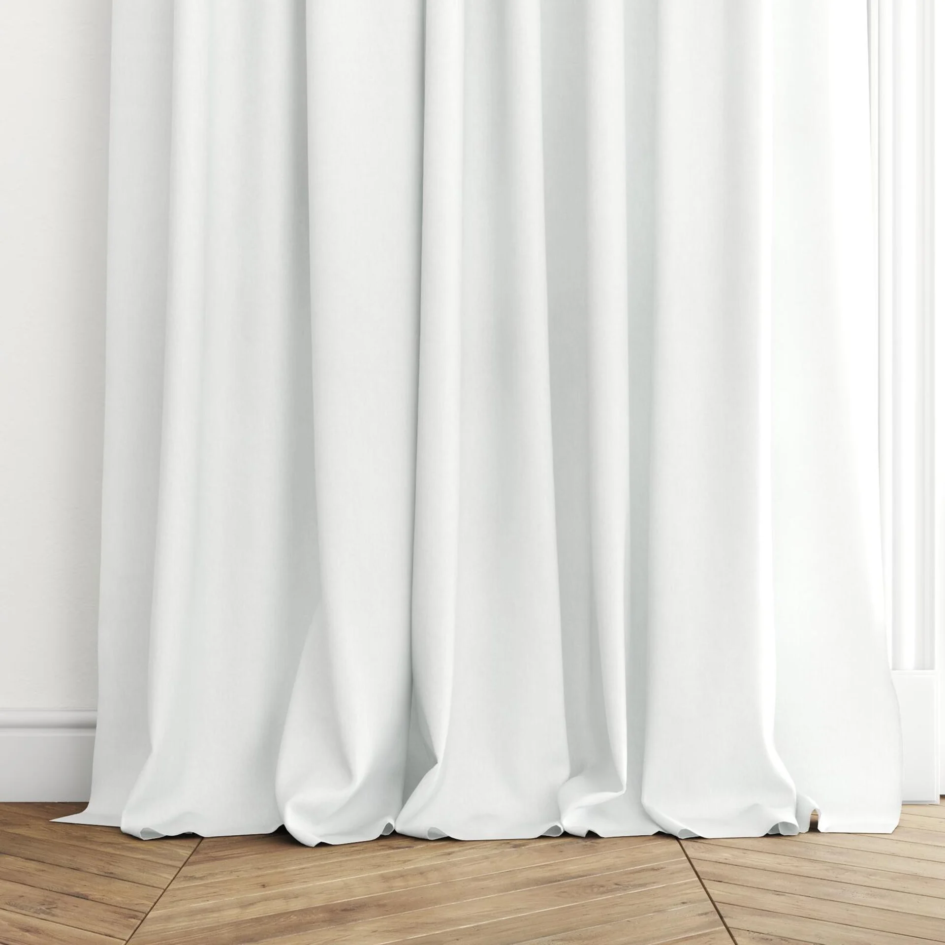 Bottom view of Ophelia Cream, puddled with pinch pleat, on curtain rod