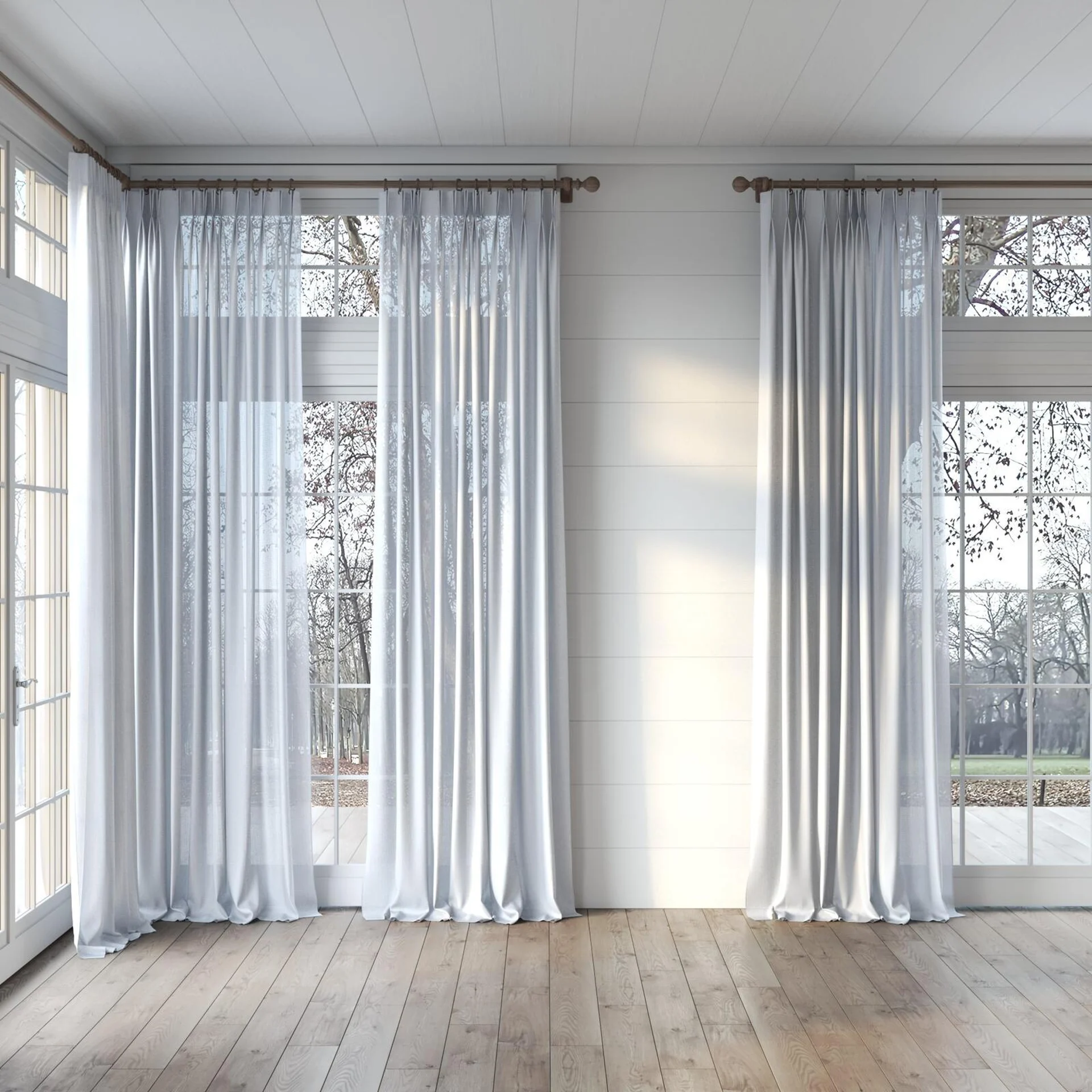 Full view of Twister Silver, puddled, on curtain rod