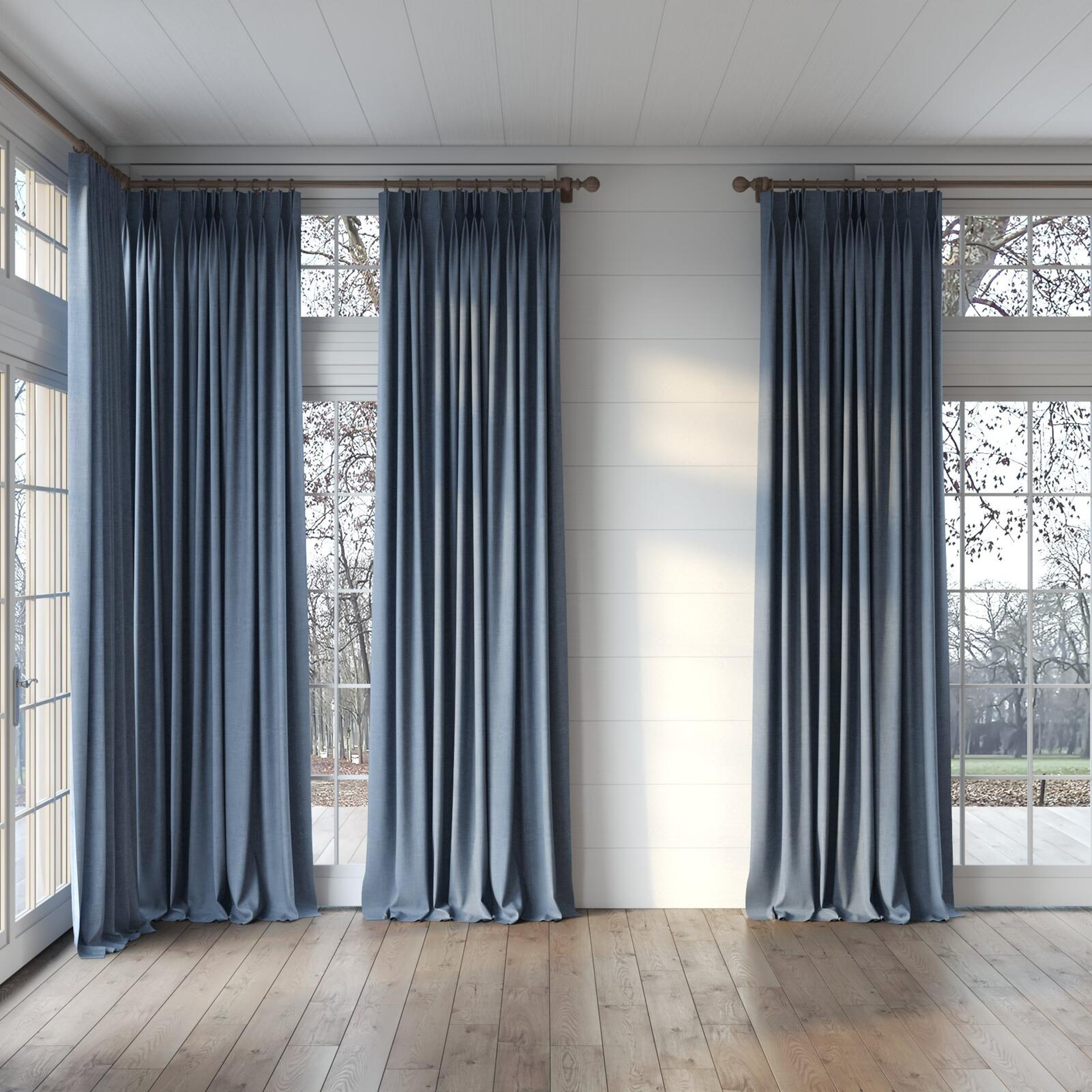 Full view of Mauritius Periwinkle, puddled, on curtain rod