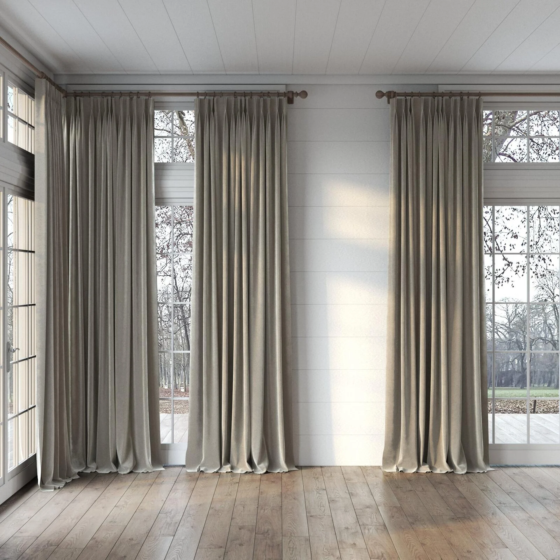 Full view of Vienna Platinum, puddled, on curtain rod