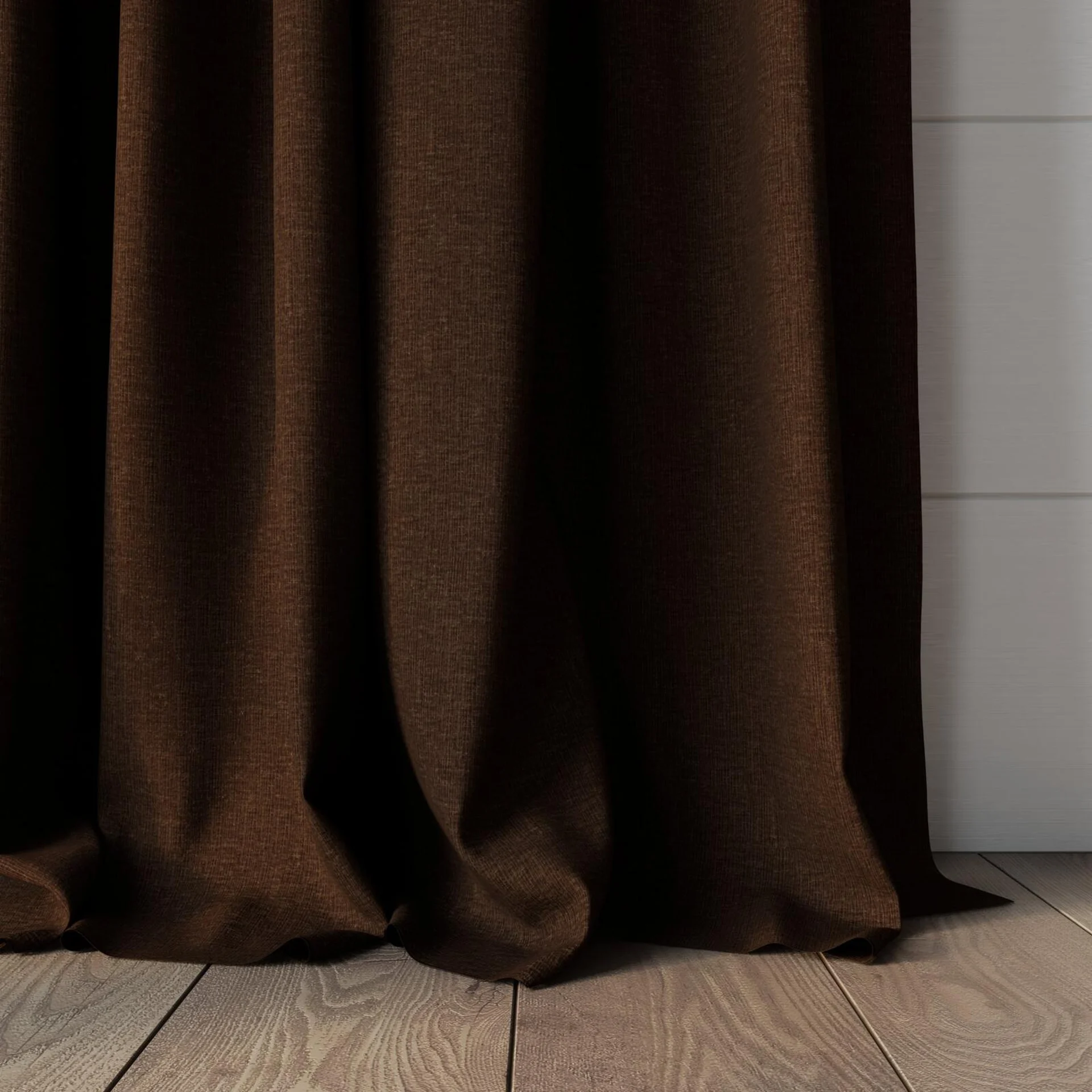 Bottom view of Coverlet Bark, puddled, on curtain rod